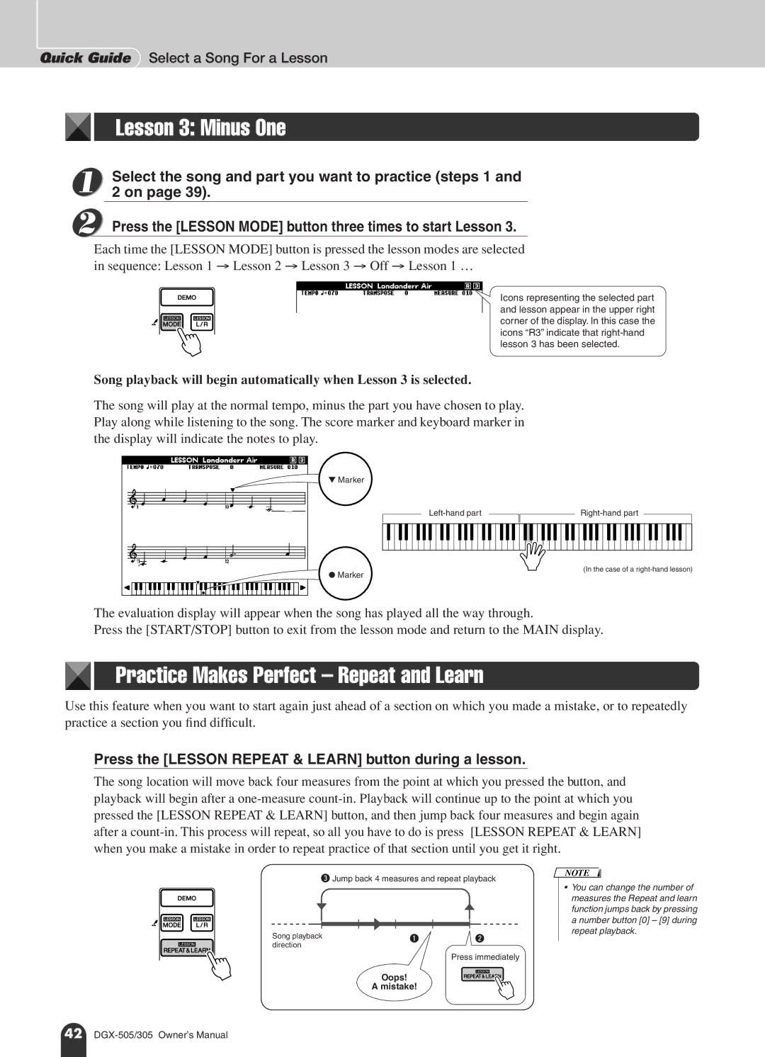 Yamaha DGX-505, DGX-305 Practice Makes Perfect Repeat and Learn, Press the Lesson Repeat & Learn button during a lesson 