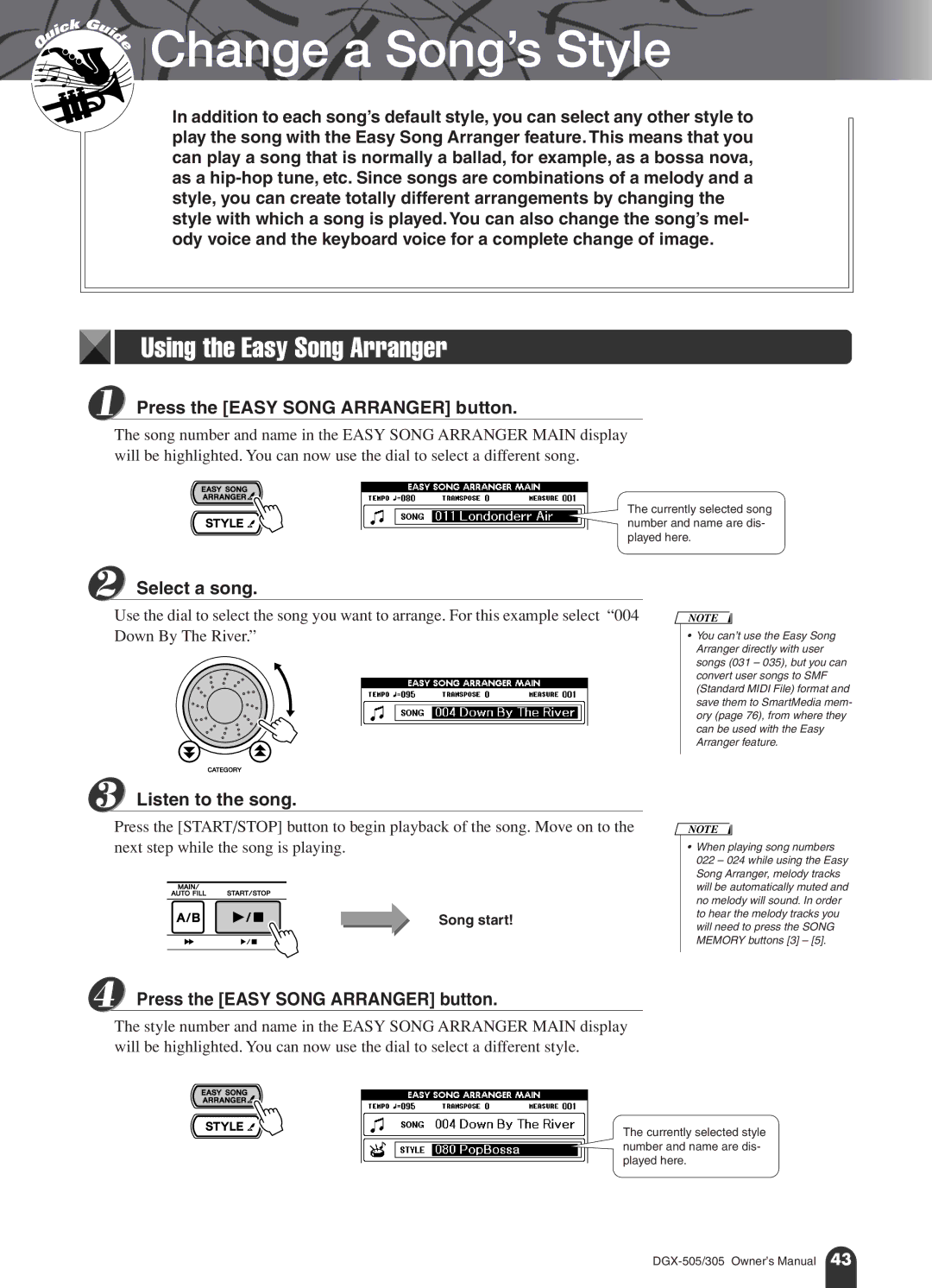 Yamaha DGX-305, DGX-505 manual Using the Easy Song Arranger, Press the Easy Song Arranger button 