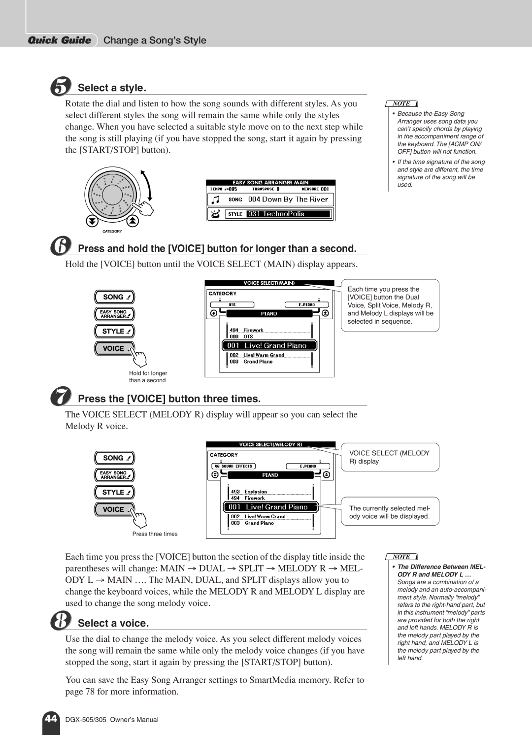 Yamaha DGX-505, DGX-305 Quick Guide Change a Song’s Style, Press the Voice button three times, Select a voice, Display 