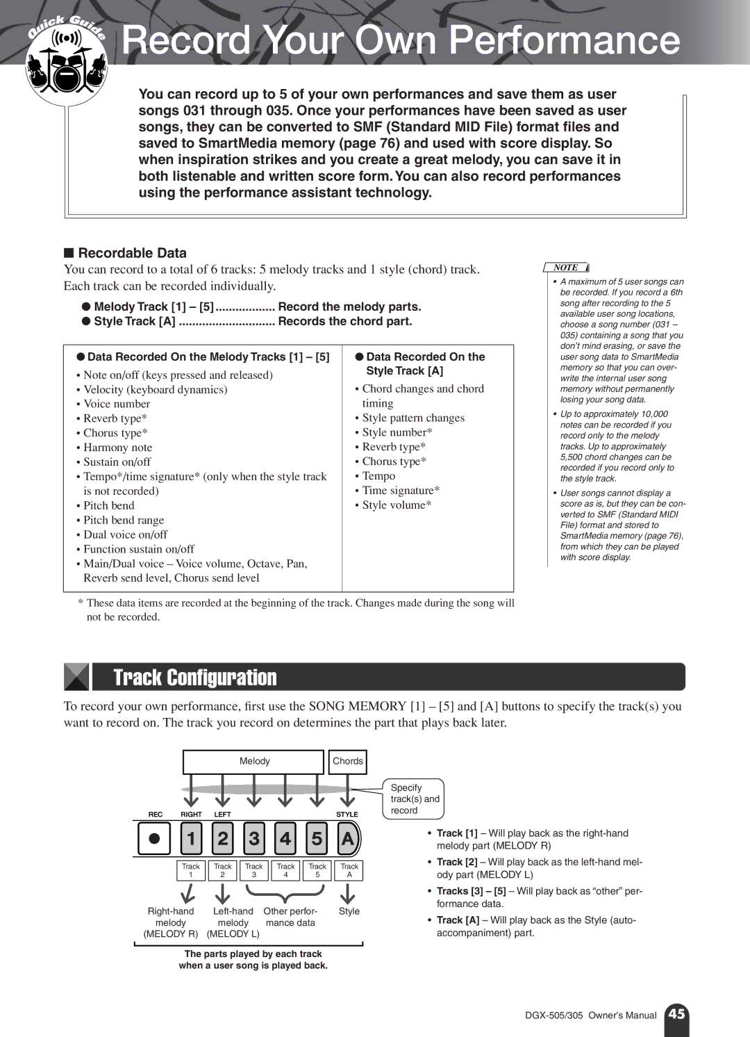 Yamaha DGX-305, DGX-505 manual Track Configuration, Melody Chords, Specify tracks and record 