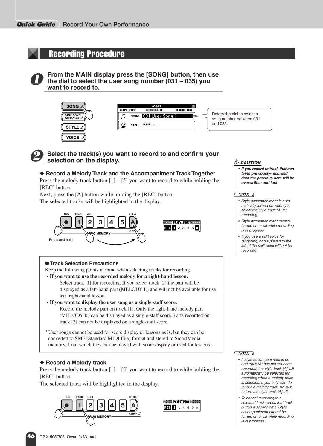 Yamaha DGX-505, DGX-305 manual Recording Procedure, Quick Guide Record Your Own Performance, Selection on the display 