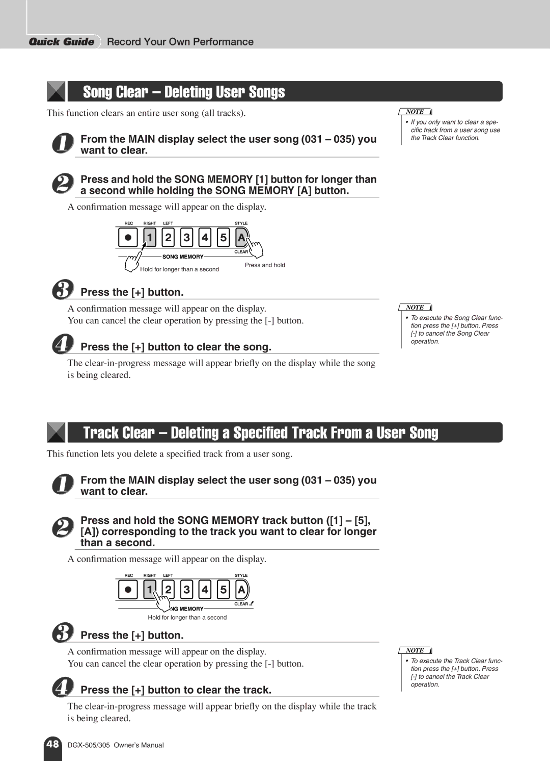 Yamaha DGX-505, DGX-305 manual Song Clear Deleting User Songs, Track Clear Deleting a Specified Track From a User Song 