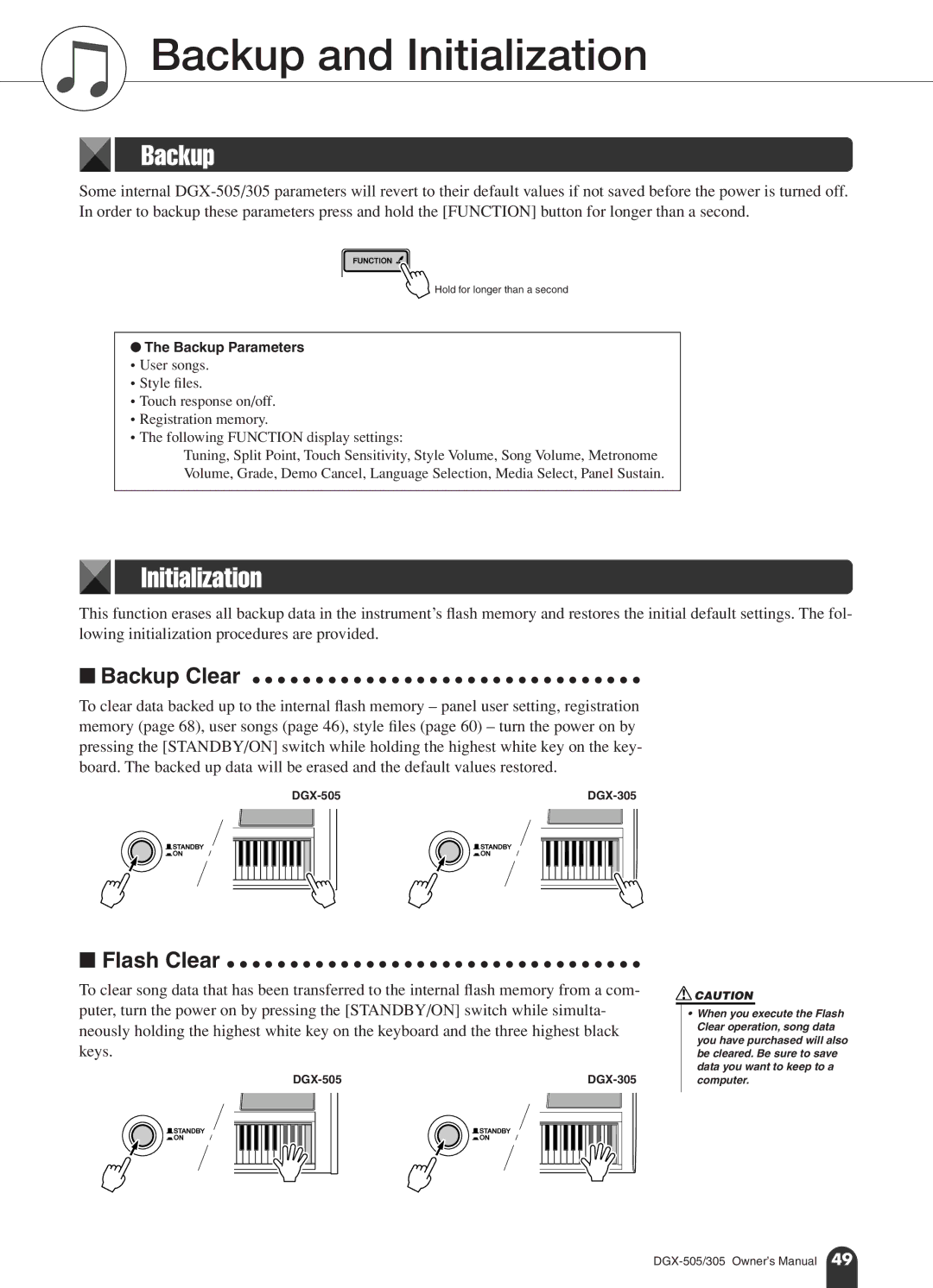 Yamaha DGX-305, DGX-505 manual Backup and Initialization 