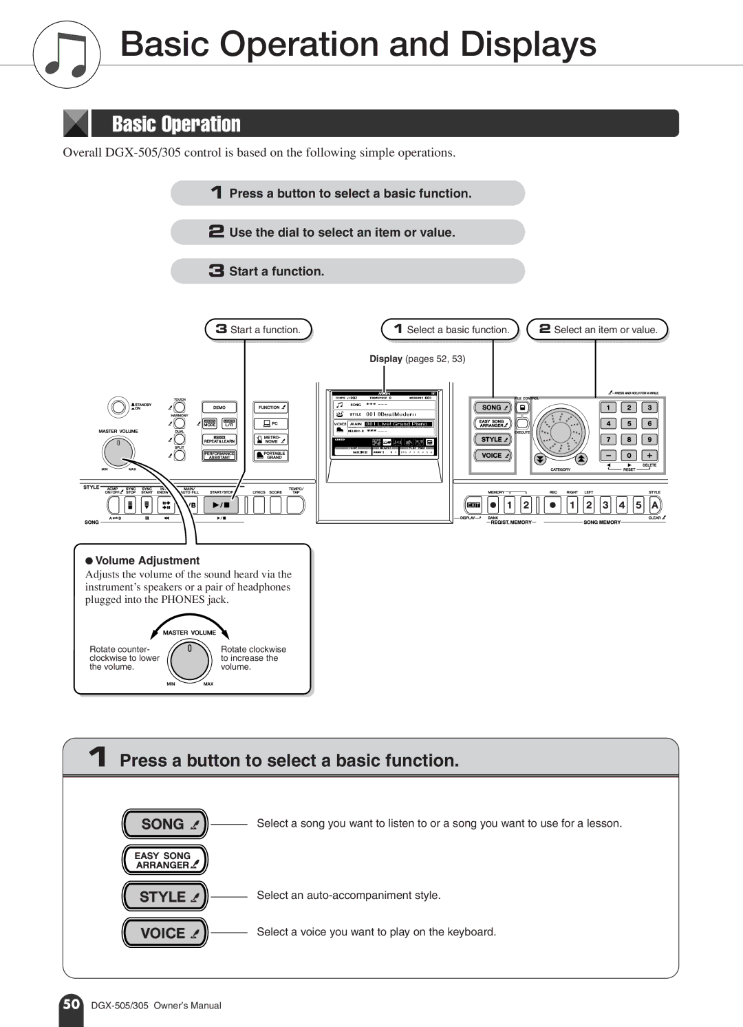 Yamaha DGX-505, DGX-305 manual Basic Operation and Displays, Display pages 52 