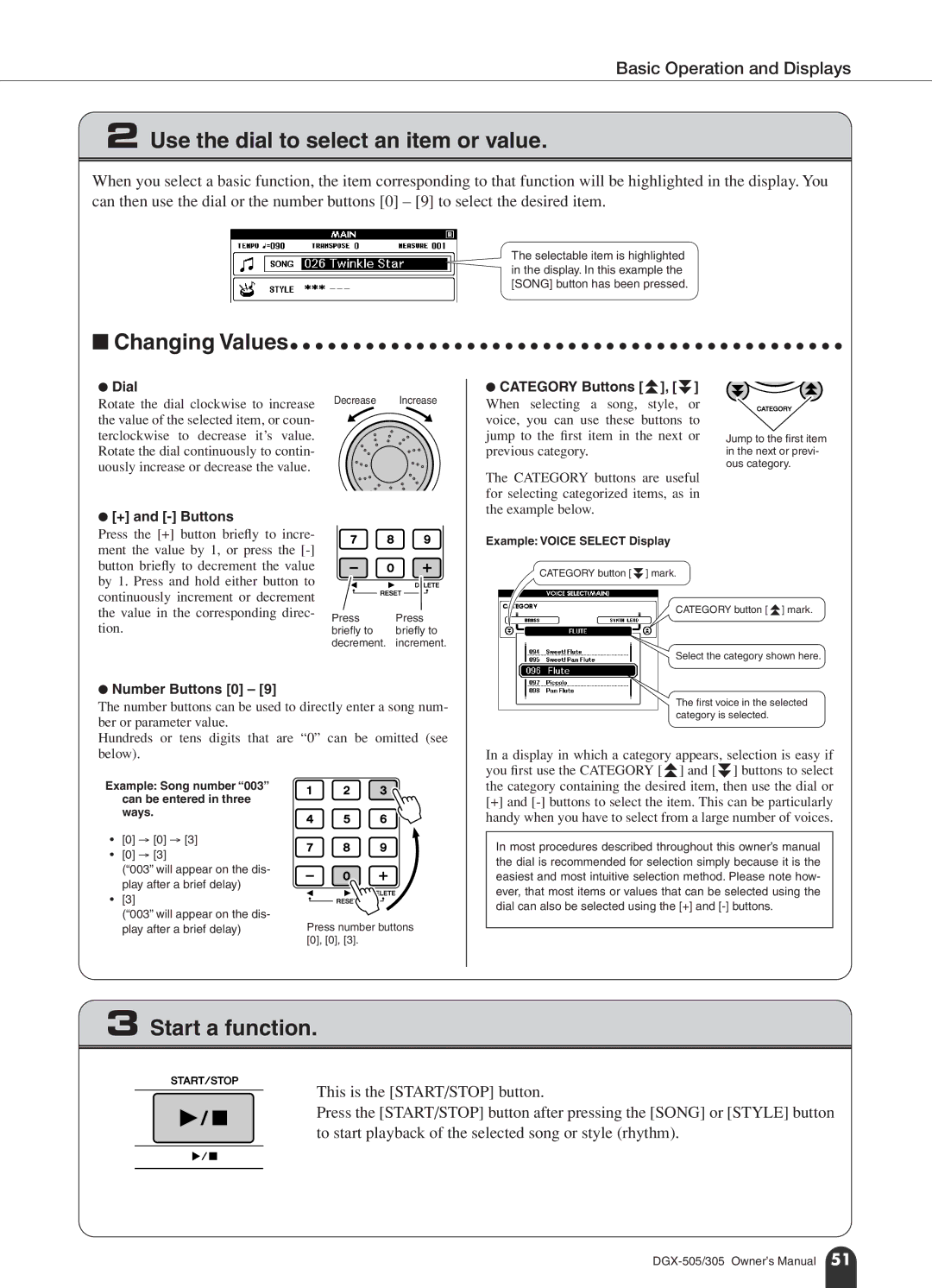 Yamaha DGX-305, DGX-505 manual Basic Operation and Displays 