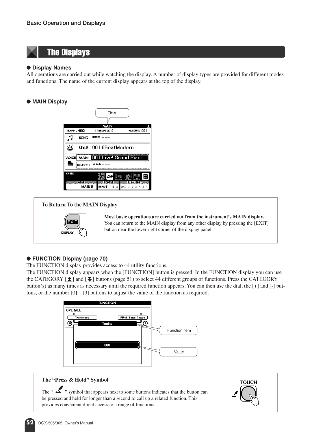 Yamaha DGX-505, DGX-305 manual Displays, Display Names, Main Display, Function Display 