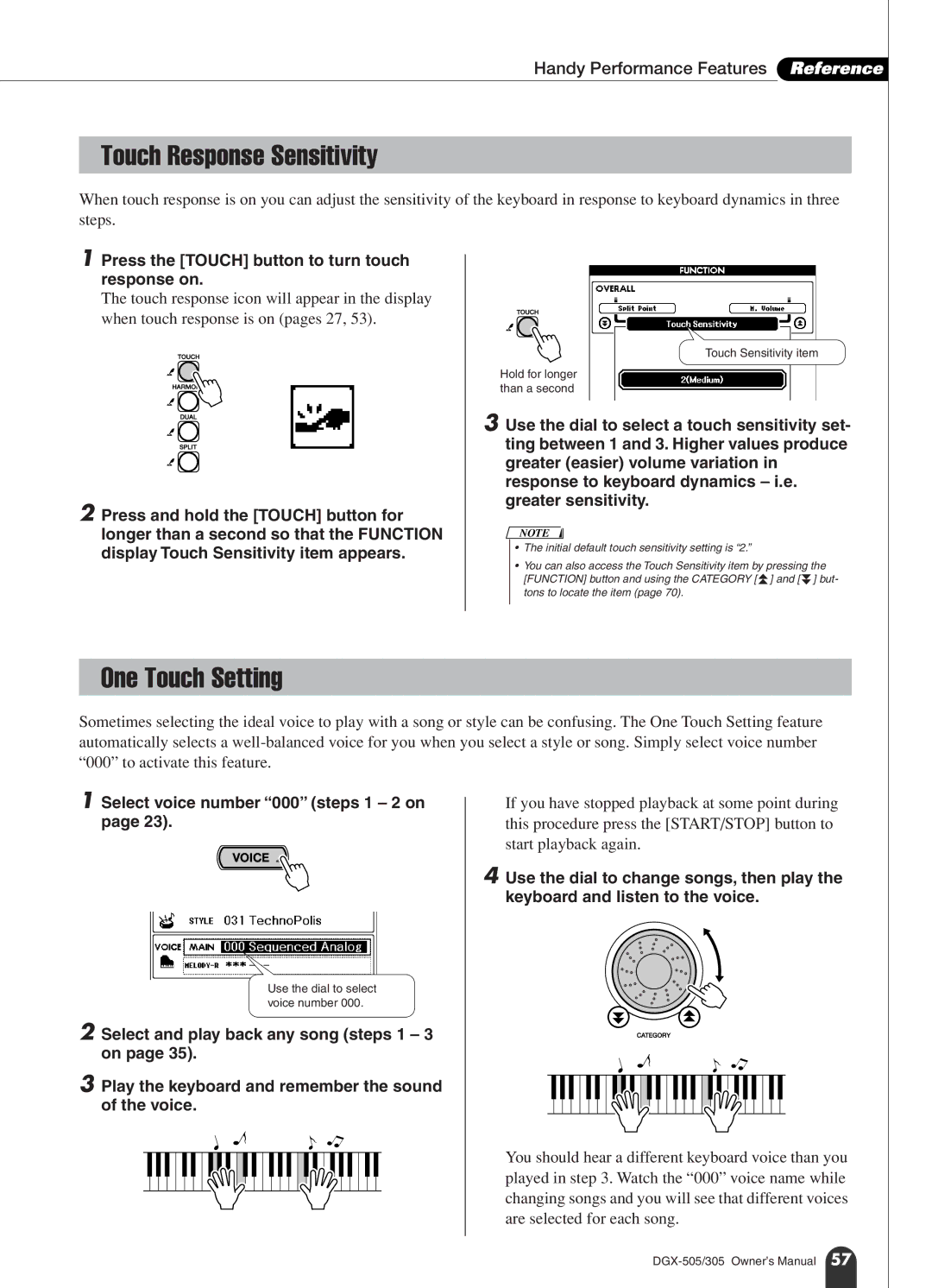 Yamaha DGX-305, DGX-505 Touch Response Sensitivity, One Touch Setting, Press the Touch button to turn touch response on 