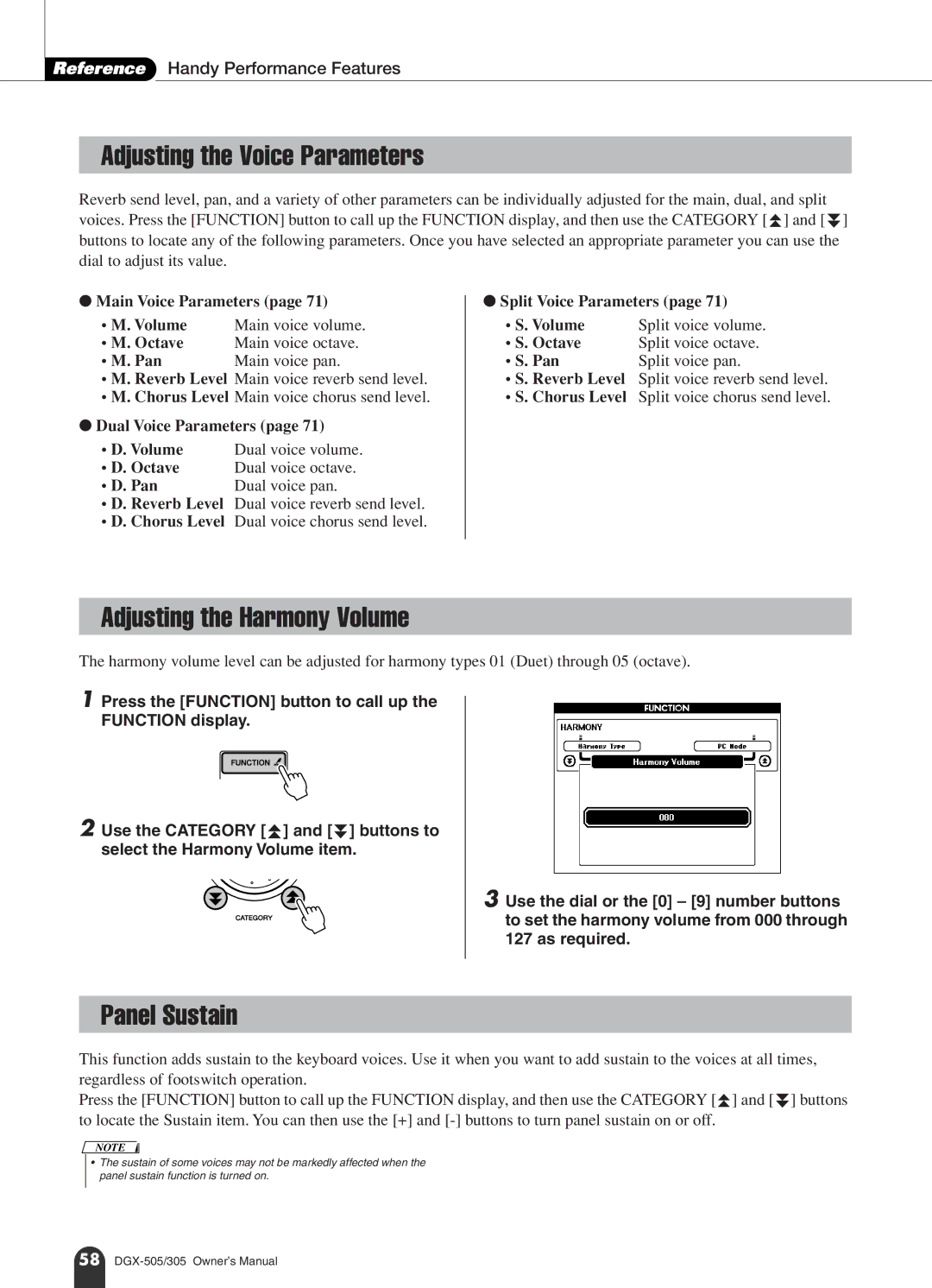 Yamaha DGX-505, DGX-305 manual Adjusting the Voice Parameters, Adjusting the Harmony Volume, Panel Sustain 