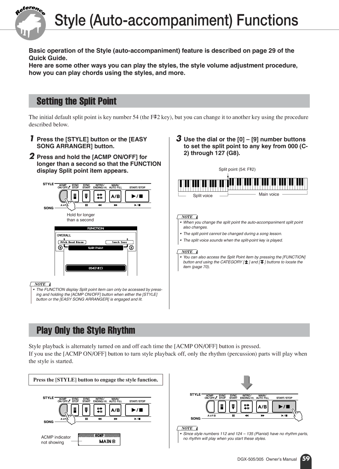 Yamaha DGX-305, DGX-505 manual Style Auto-accompaniment Functions, Setting the Split Point, Play Only the Style Rhythm 