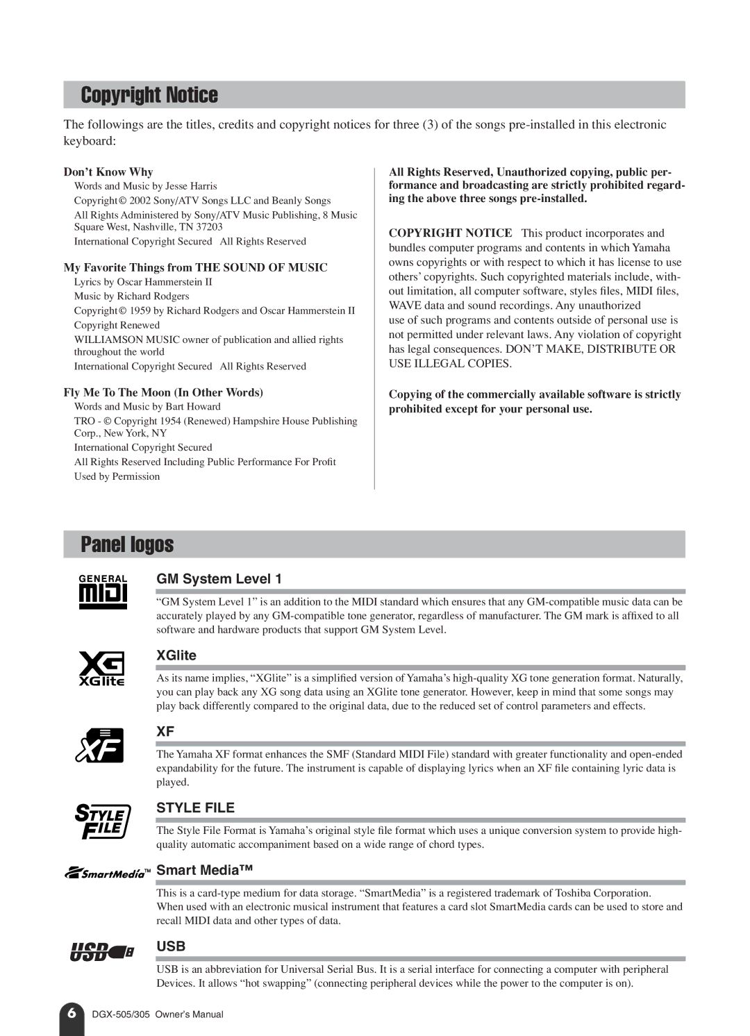 Yamaha DGX-505, DGX-305 manual Copyright Notice, Panel logos, GM System Level, XGlite, Smart Media 