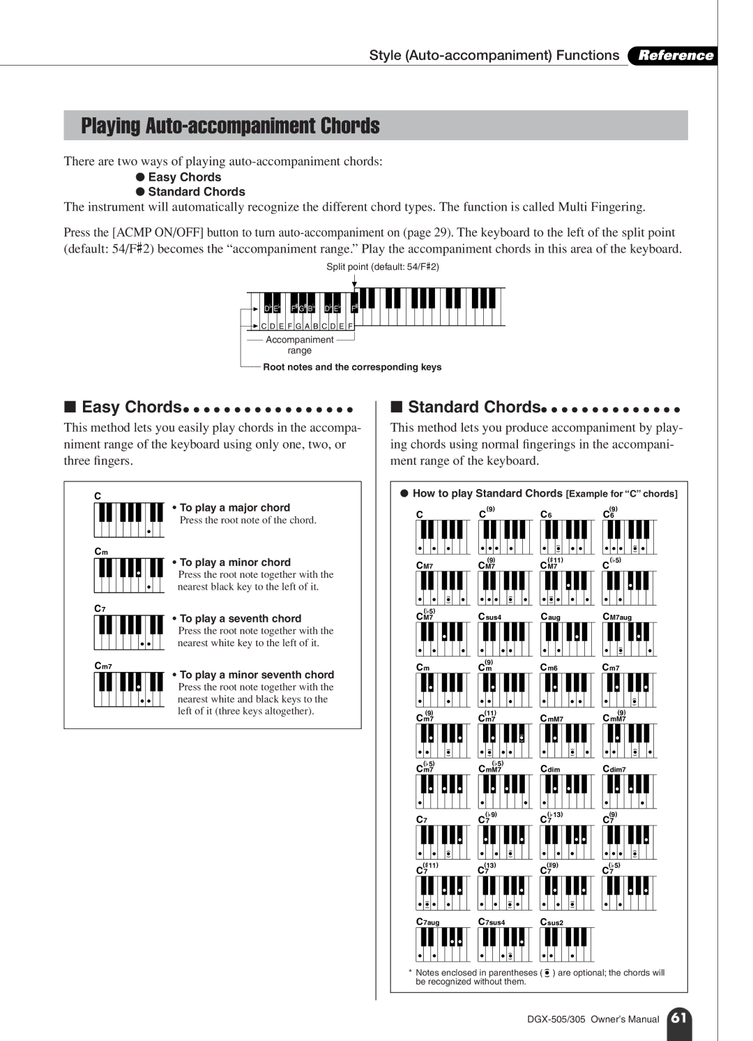 Yamaha DGX-305, DGX-505 manual Playing Auto-accompaniment Chords, Style Auto-accompaniment Functions Reference 