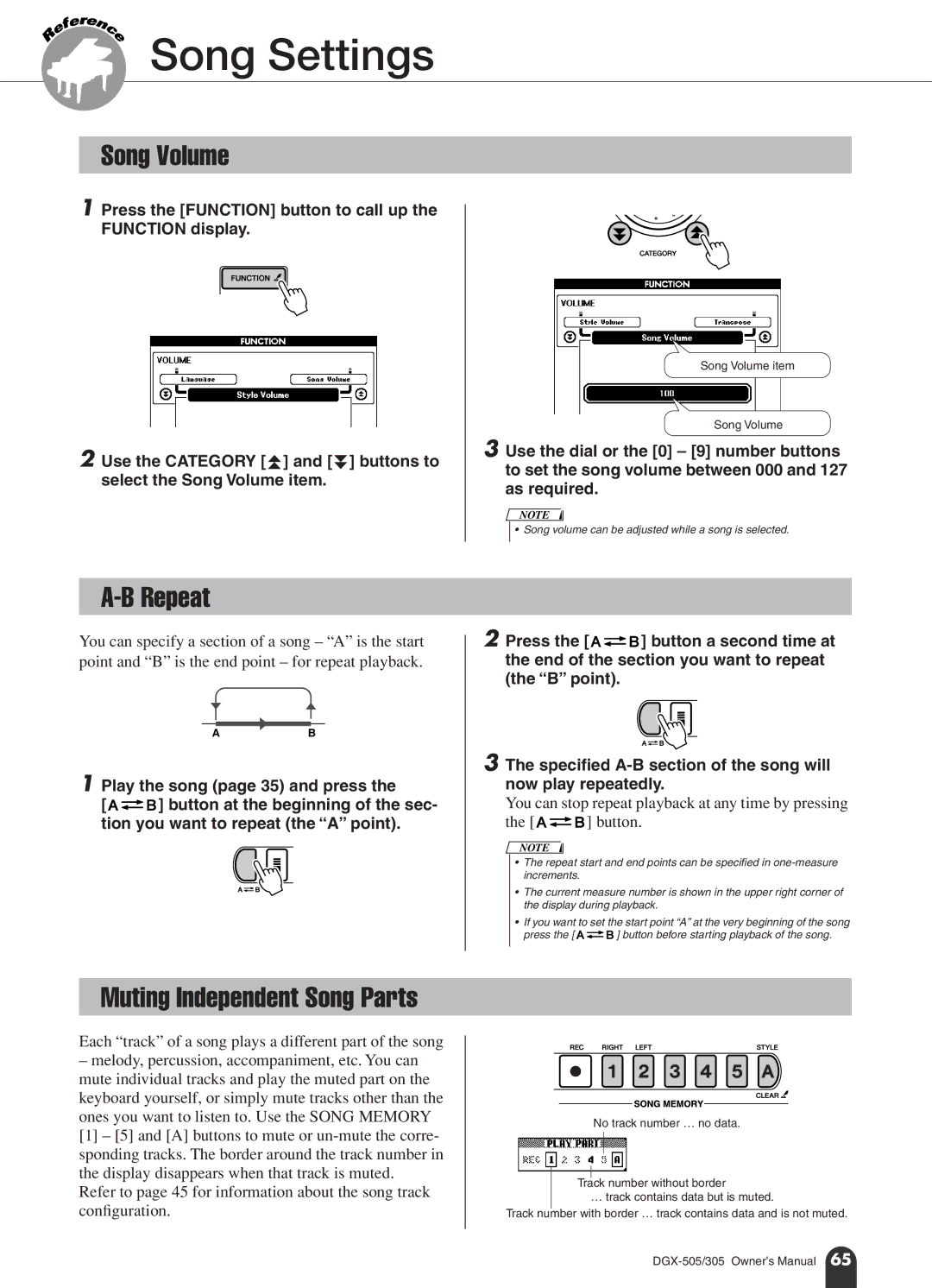 Yamaha DGX-305, DGX-505 manual Song Volume, Repeat, Muting Independent Song Parts, Play the song page 35 and press 