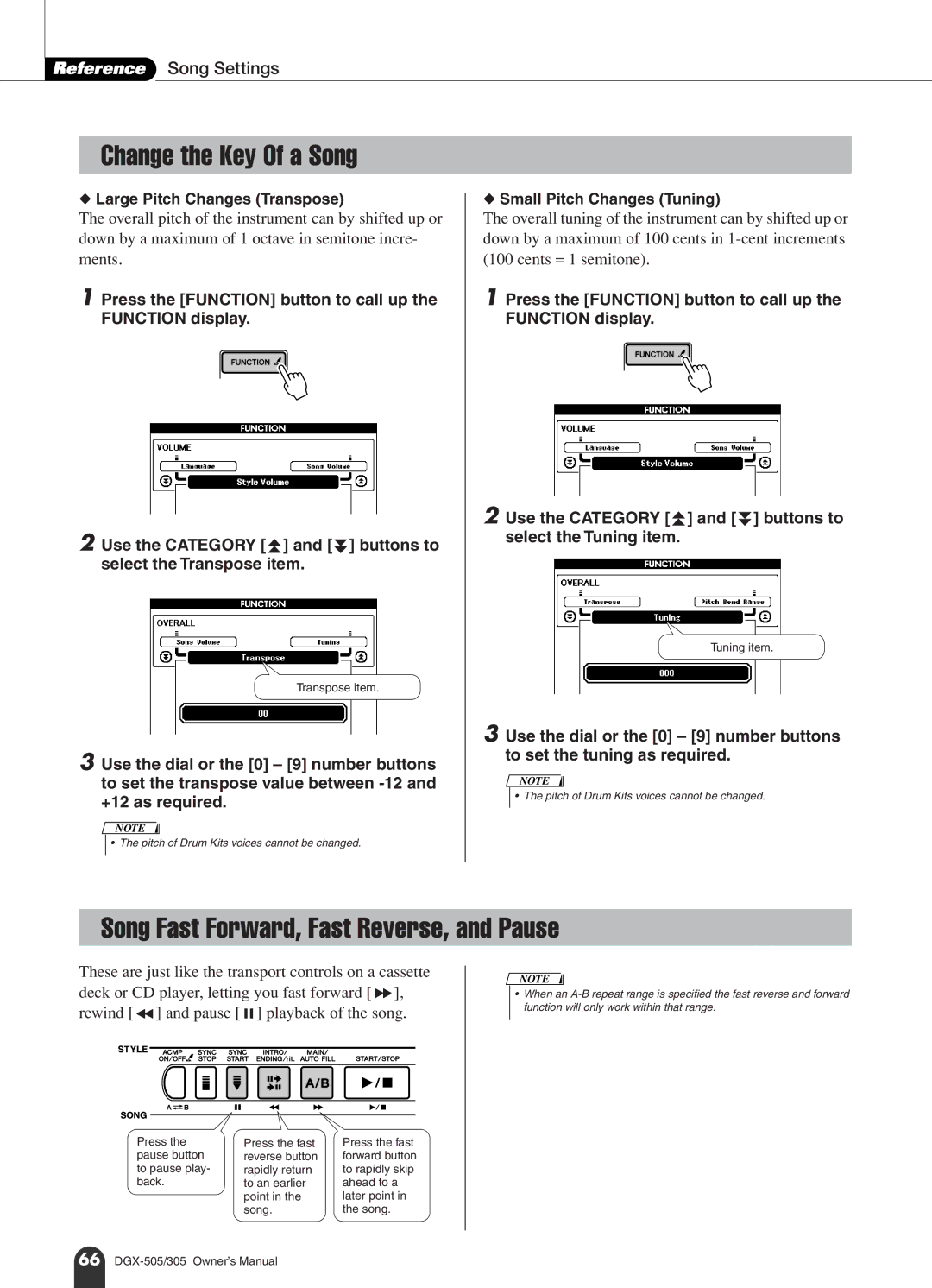 Yamaha DGX-505, DGX-305 manual Change the Key Of a Song, Song Fast Forward, Fast Reverse, and Pause, Reference Song Settings 