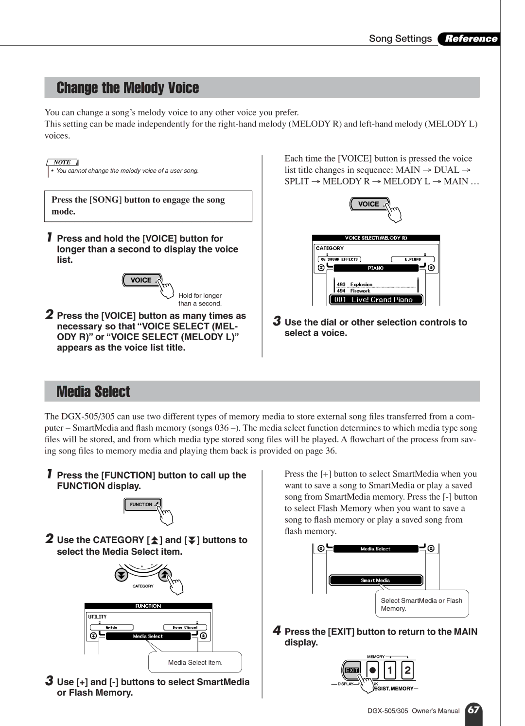 Yamaha DGX-305, DGX-505 manual Change the Melody Voice, Media Select, Song Settings Reference 