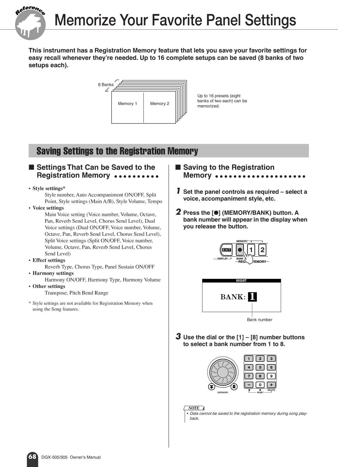 Yamaha DGX-505, DGX-305 Memorize Your Favorite Panel Settings, Saving Settings to the Registration Memory, Bank number 