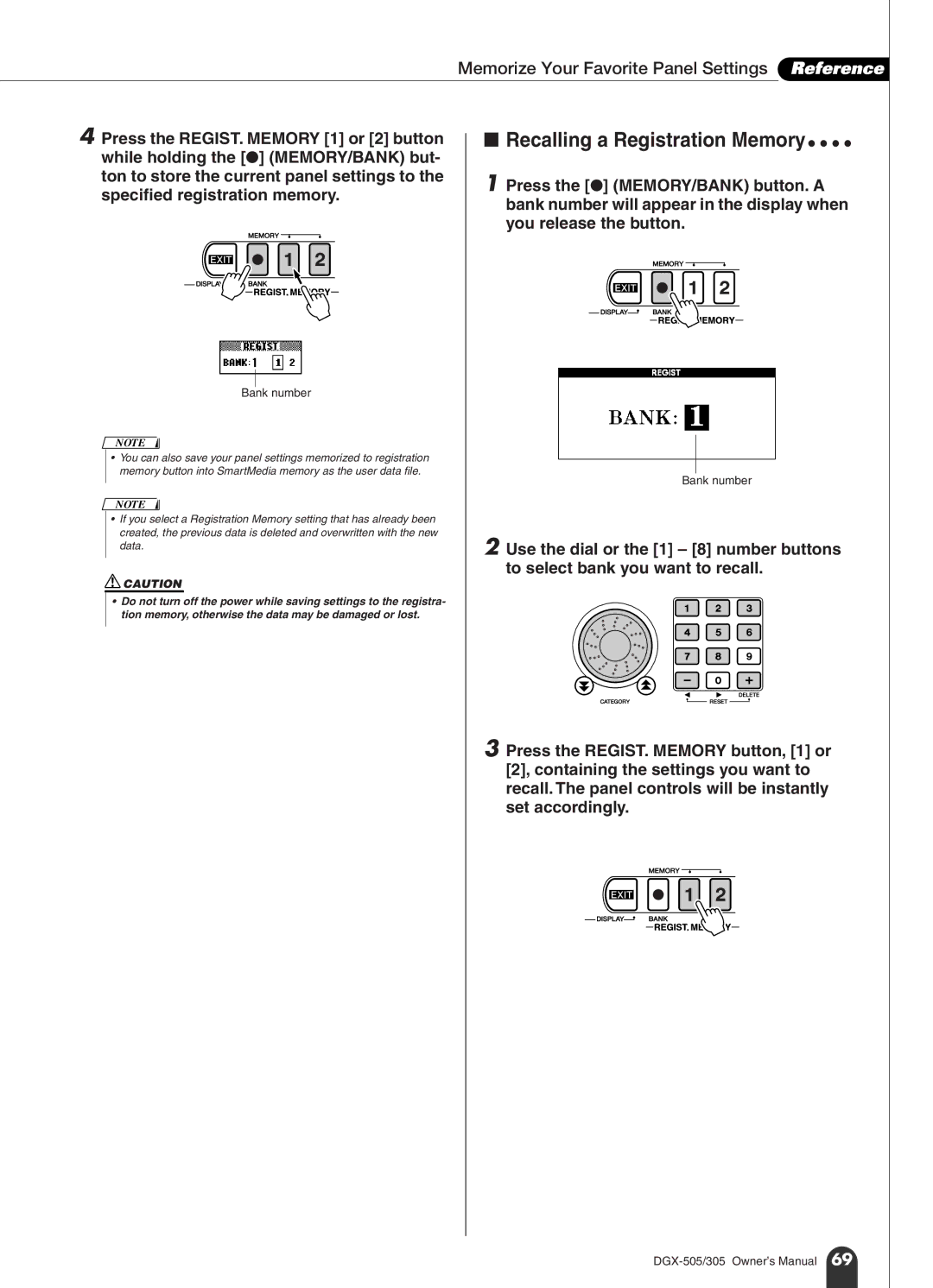 Yamaha DGX-305, DGX-505 manual Recalling a Registration Memory, Memorize Your Favorite Panel Settings Reference 