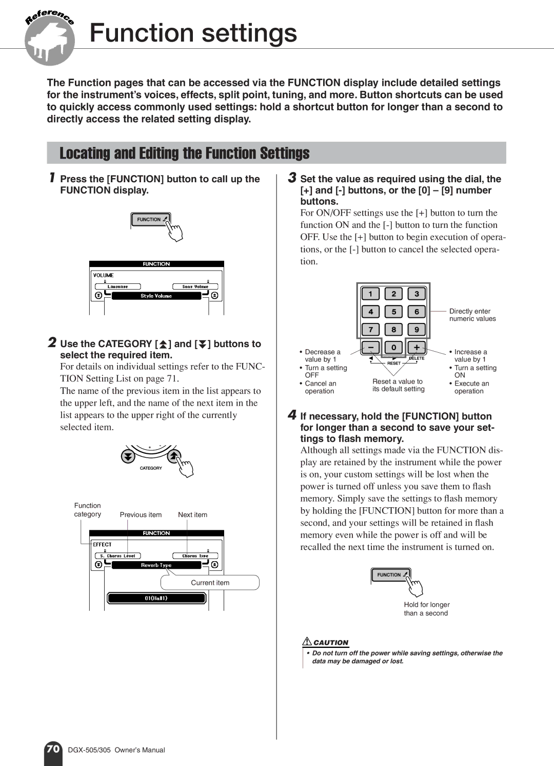 Yamaha DGX-505, DGX-305 manual Function settings, Locating and Editing the Function Settings 