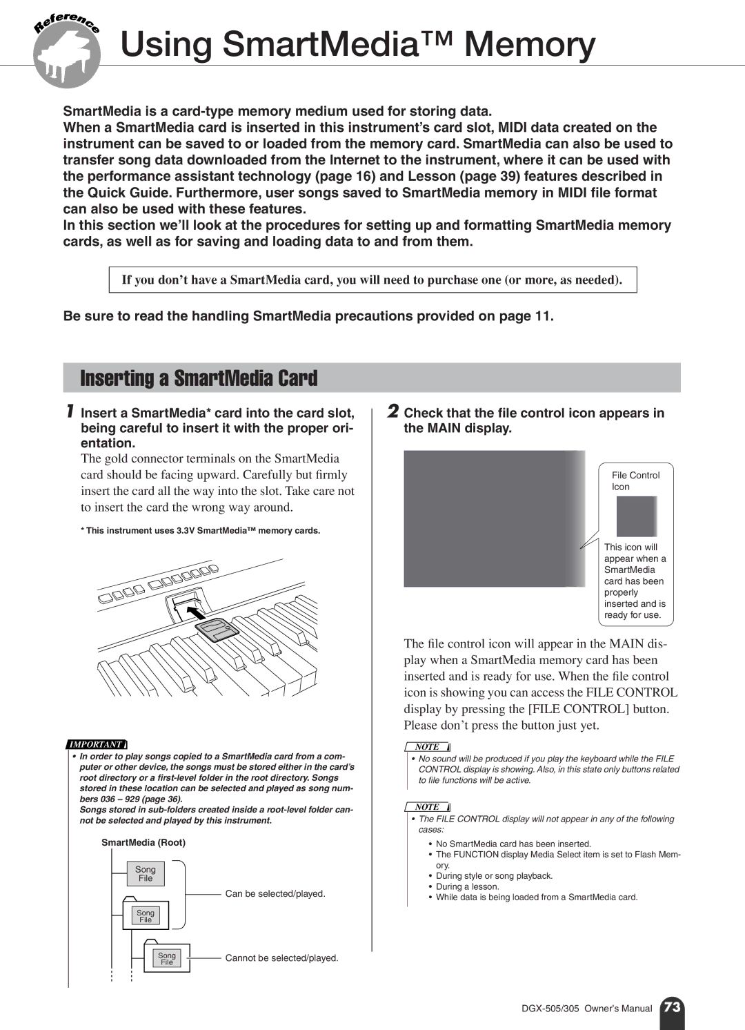 Yamaha DGX-305, DGX-505 manual Using SmartMedia Memory, Inserting a SmartMedia Card, Can be selected/played 