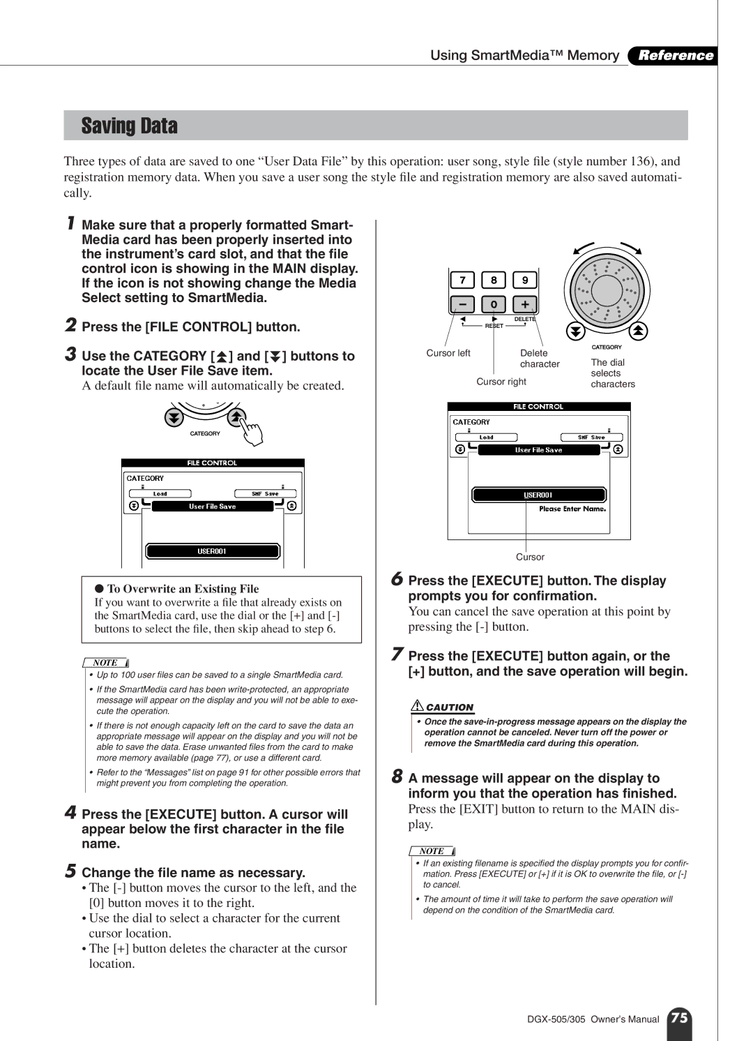 Yamaha DGX-305 Saving Data, Using SmartMedia Memory Reference, Default ﬁle name will automatically be created, Cursor 