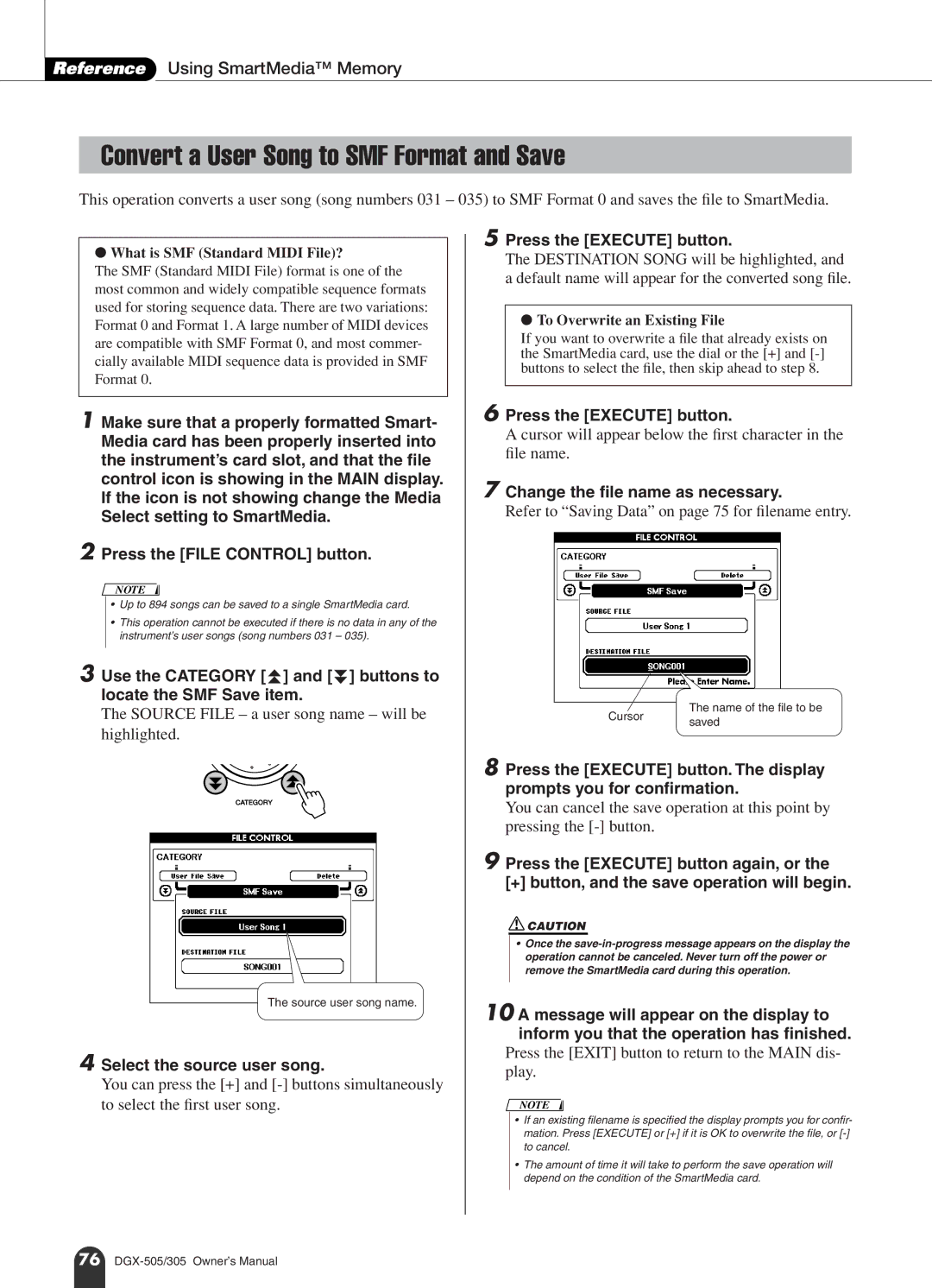 Yamaha DGX-505 Convert a User Song to SMF Format and Save, Press the File Control button, Select the source user song 