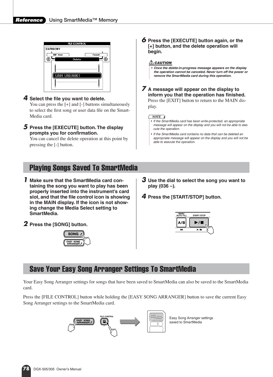 Yamaha DGX-505, DGX-305 manual Playing Songs Saved To SmartMedia, Save Your Easy Song Arranger Settings To SmartMedia 