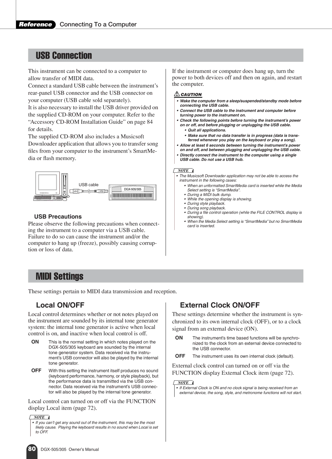 Yamaha DGX-505, DGX-305 manual USB Connection, Midi Settings, Reference Connecting To a Computer, USB Precautions, USB cable 