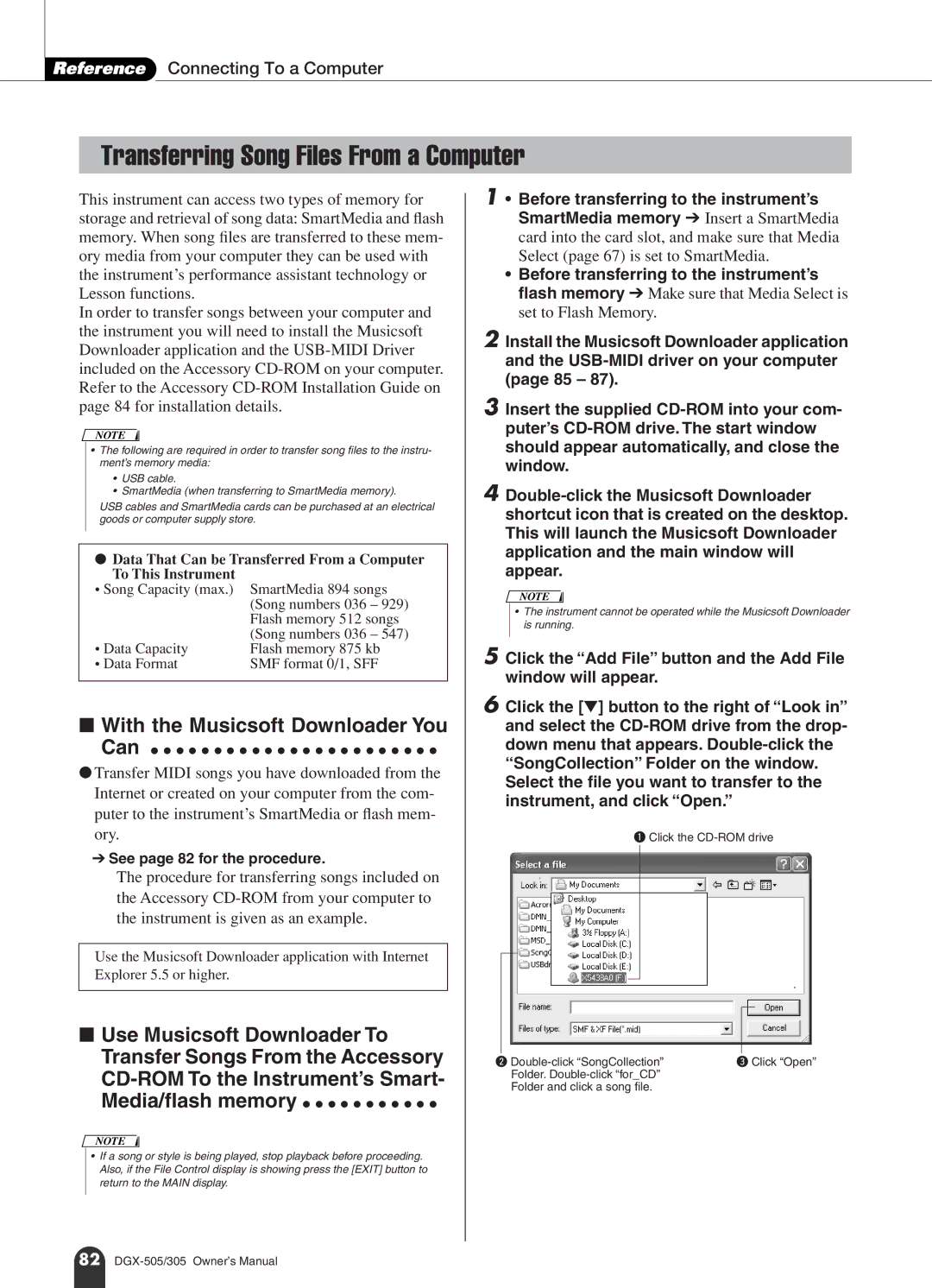 Yamaha DGX-505, DGX-305 manual Transferring Song Files From a Computer, See page 82 for the procedure 