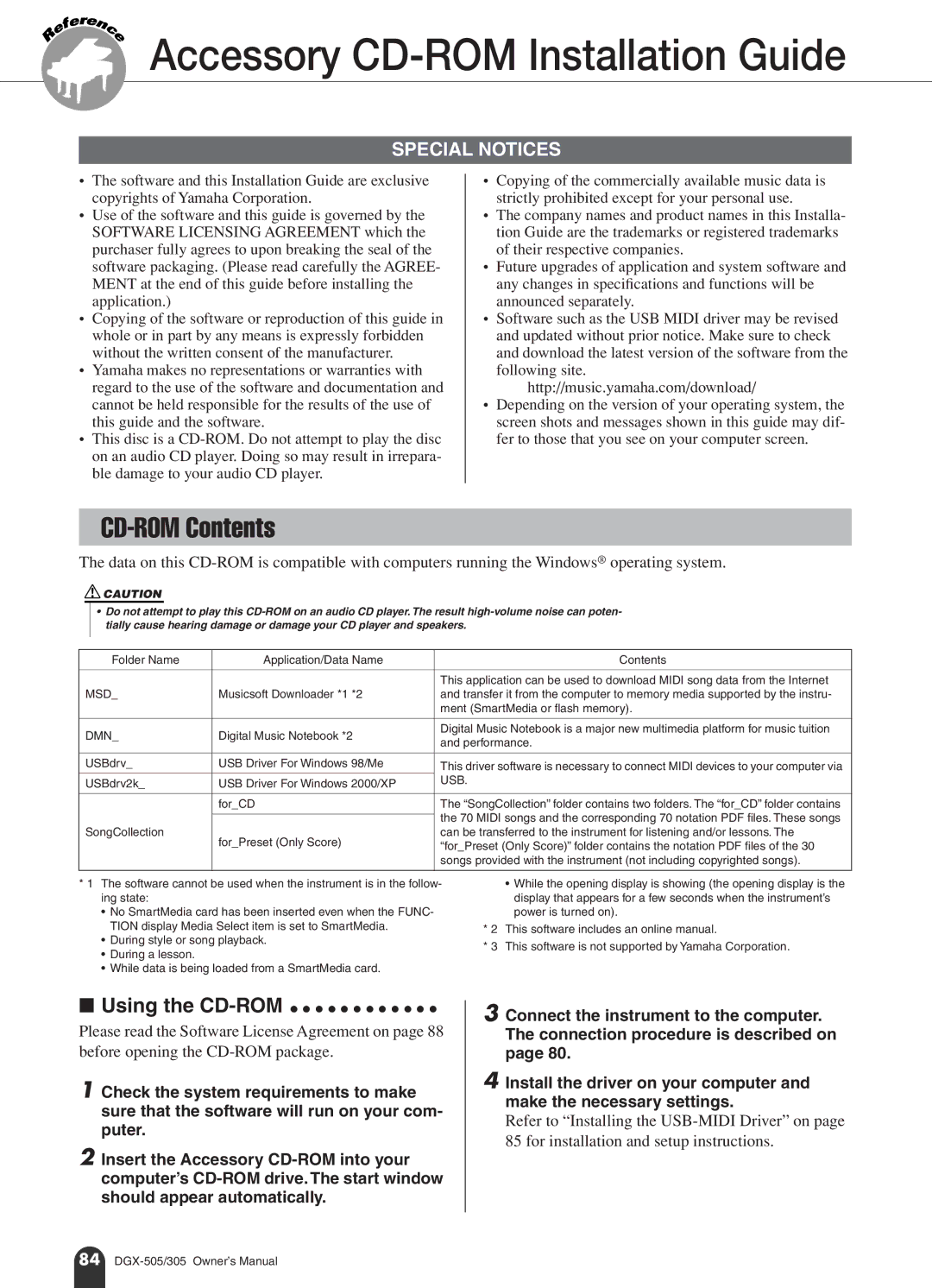 Yamaha DGX-505, DGX-305 manual Accessory CD-ROM Installation Guide, CD-ROM Contents 