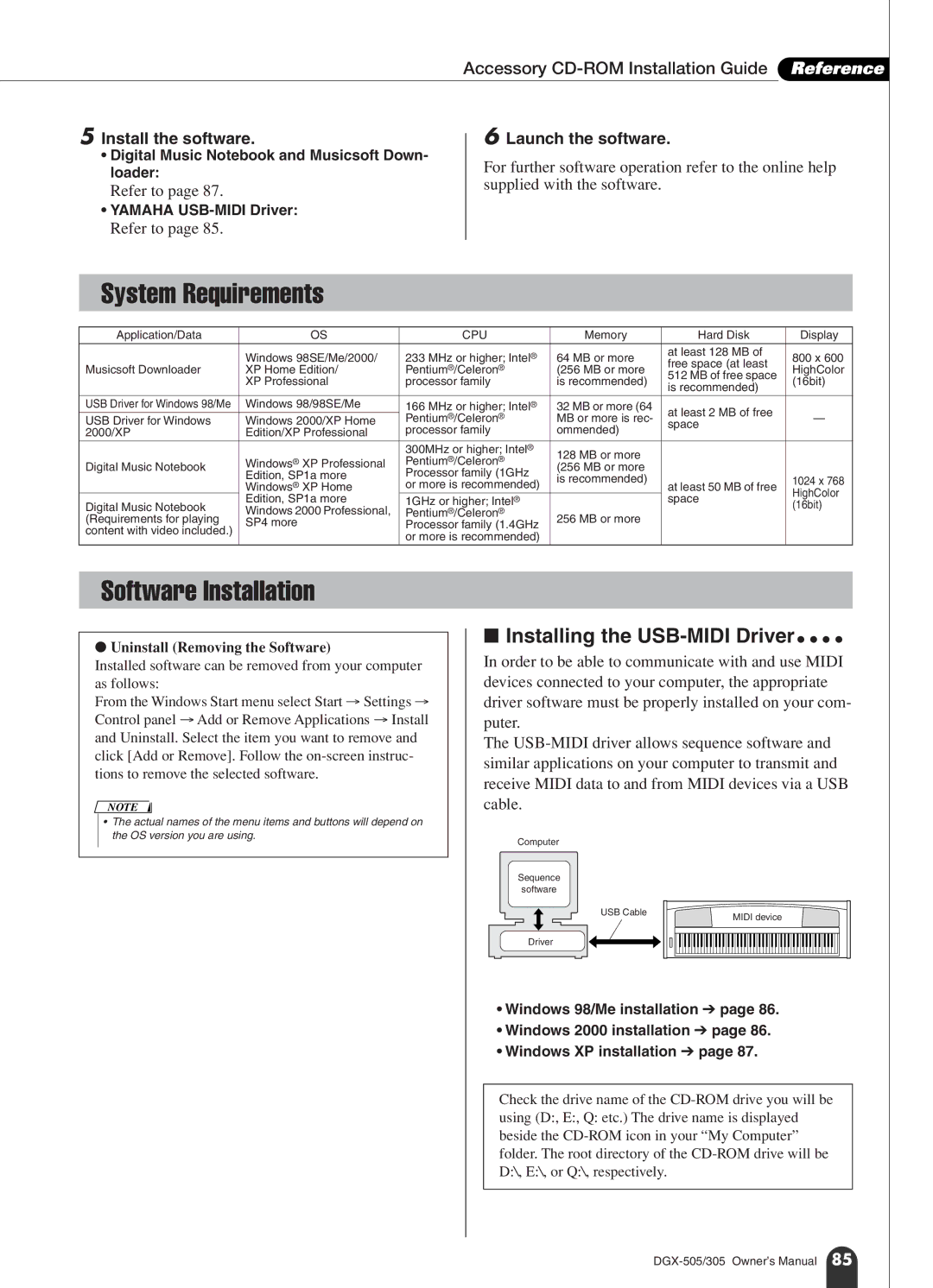 Yamaha DGX-305, DGX-505 manual System Requirements, Software Installation, Accessory CD-ROM Installation Guide Reference 