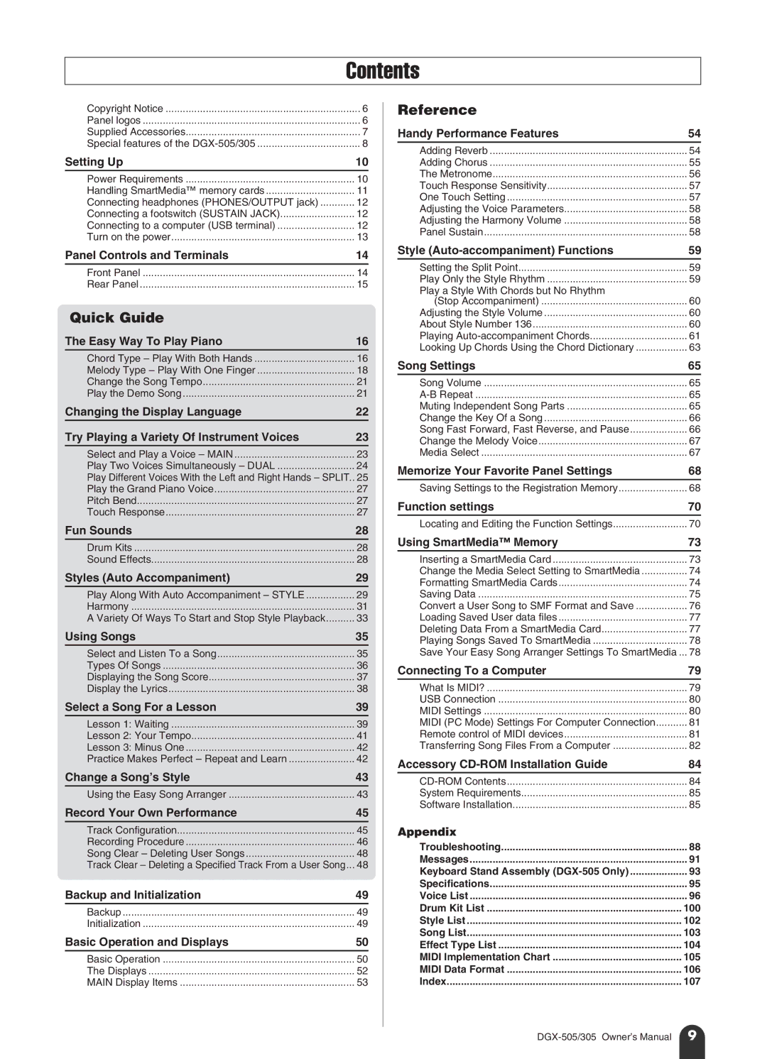 Yamaha DGX-305, DGX-505 manual Contents 