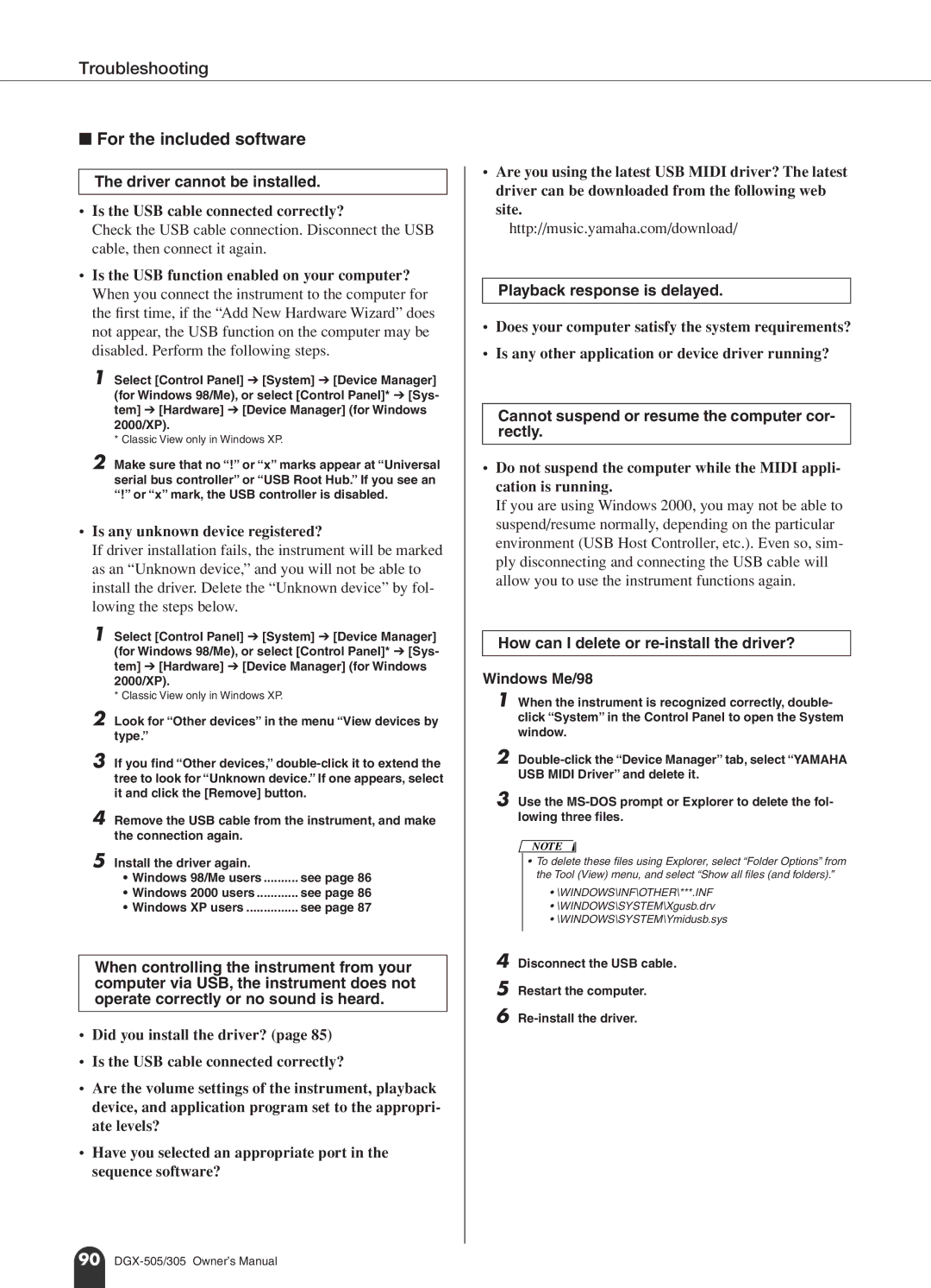 Yamaha DGX-505, DGX-305 manual Playback response is delayed, Cannot suspend or resume the computer cor- rectly 