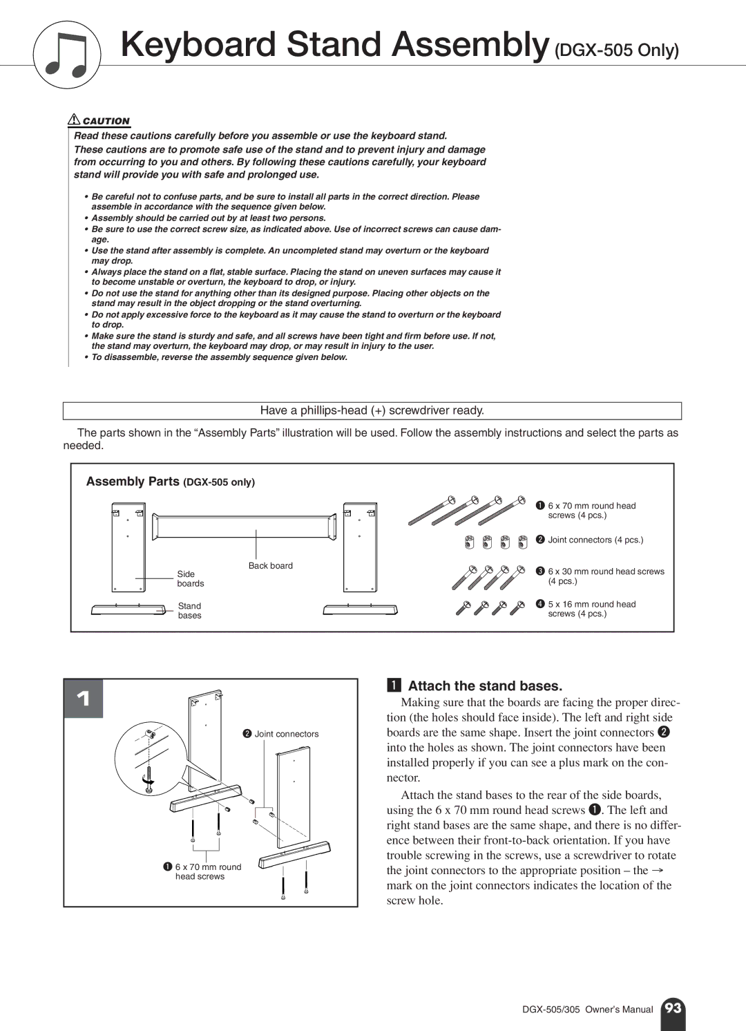 Yamaha DGX-305 manual Keyboard Stand Assembly DGX-505 Only, Attach the stand bases, Assembly Parts DGX-505 only 
