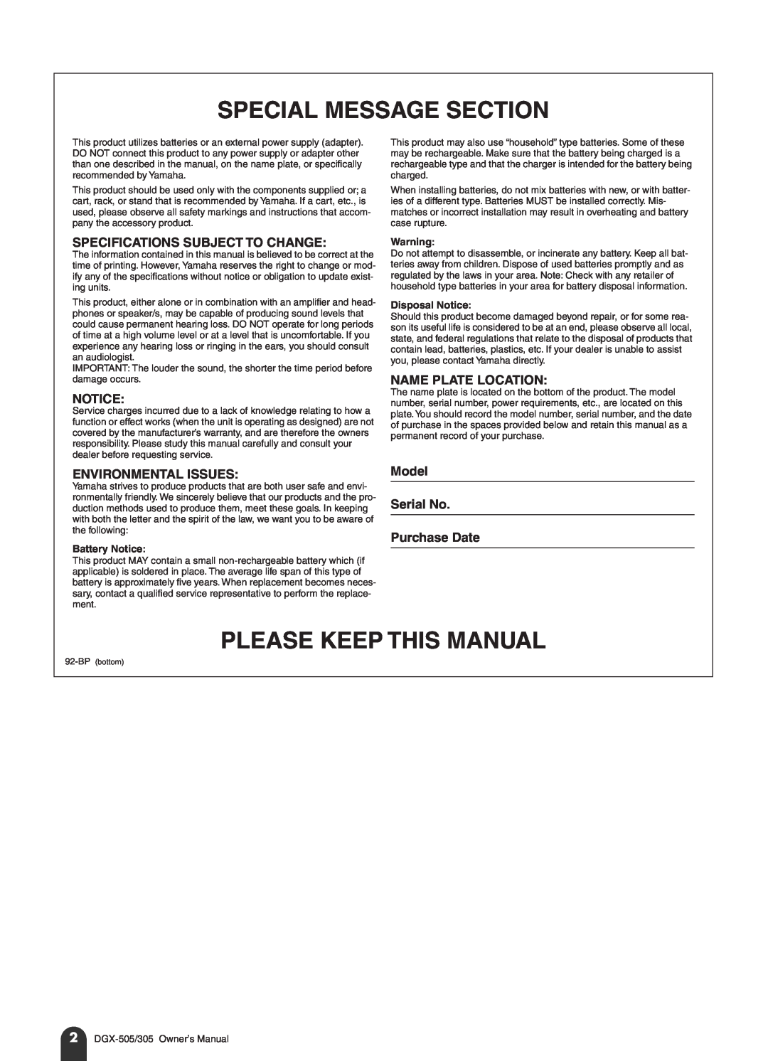 Yamaha DGX-505 Special Message Section, Please Keep This Manual, Specifications Subject To Change, Name Plate Location 