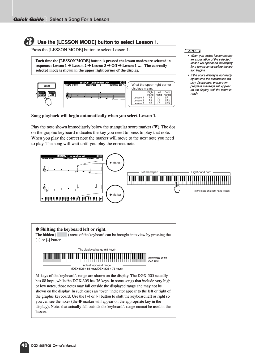 Yamaha DGX-505, DGX-305 manual Quick Guide Select a Song For a Lesson, Use the LESSON MODE button to select Lesson 