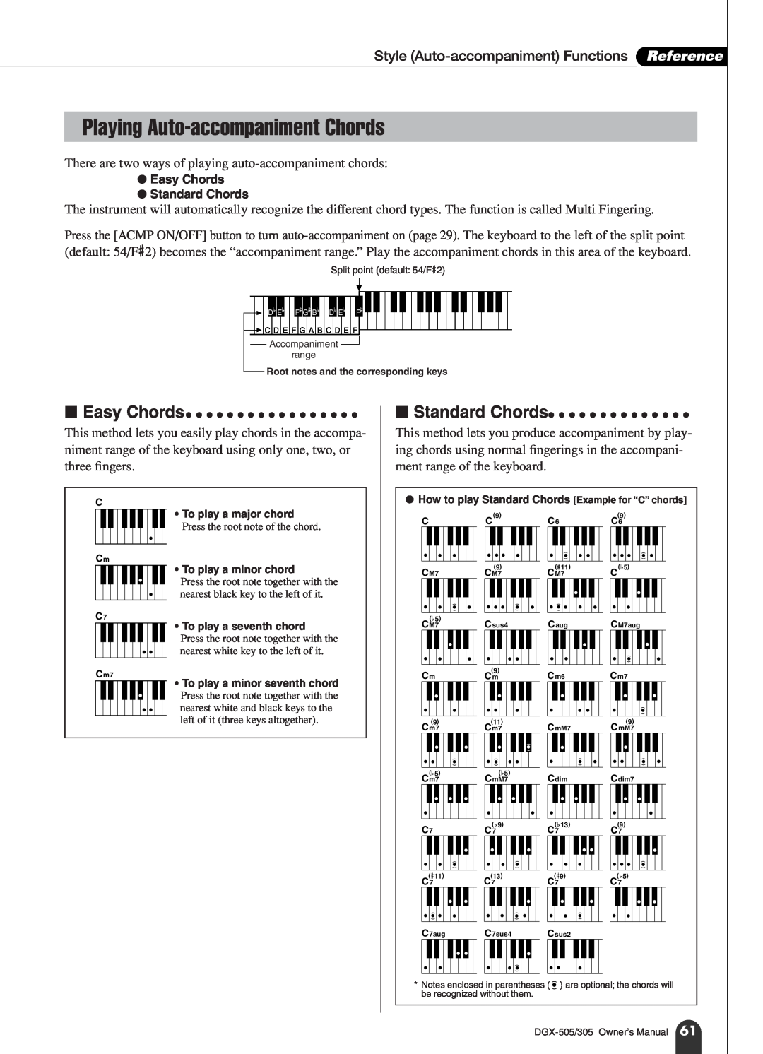 Yamaha DGX-305, DGX-505 manual Playing Auto-accompaniment Chords, Style Auto-accompaniment Functions Reference 