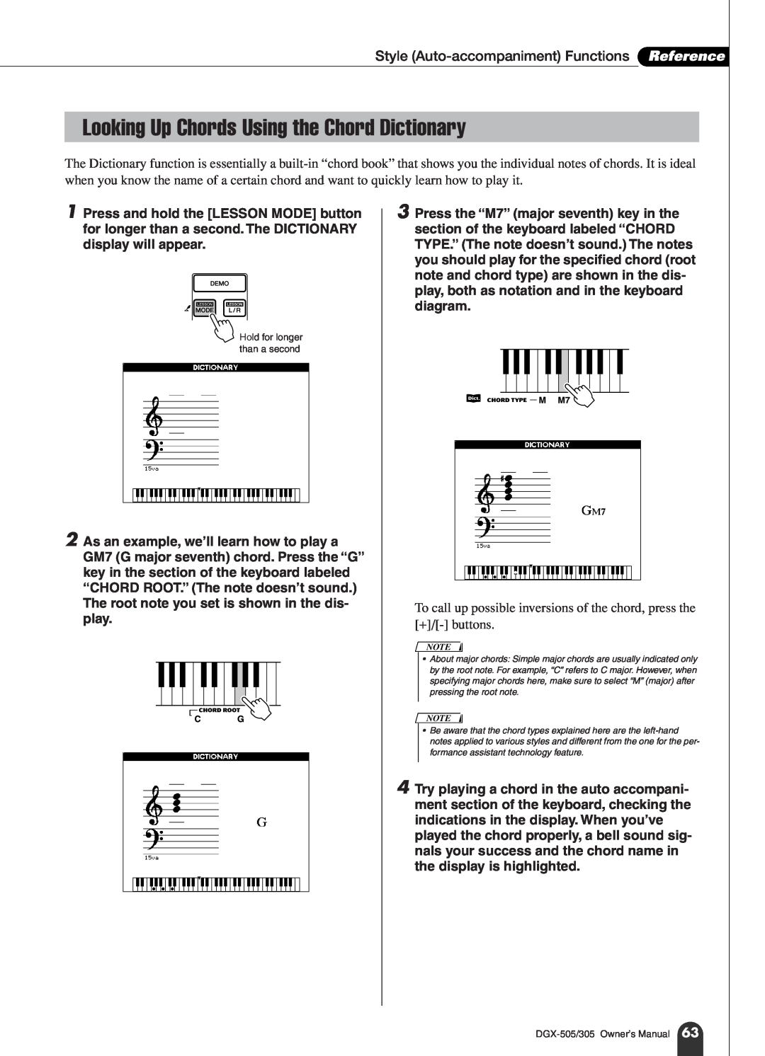 Yamaha DGX-305, DGX-505 manual Looking Up Chords Using the Chord Dictionary, Style Auto-accompaniment Functions Reference 