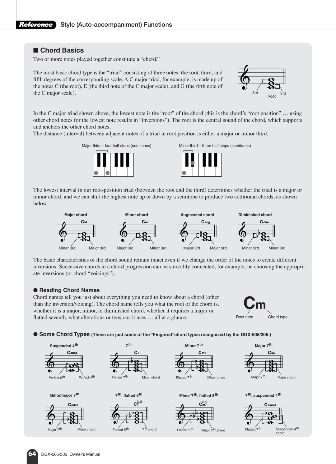 Yamaha DGX-505, DGX-305 Chord Basics, Reference Style Auto-accompaniment Functions, the C major scale, Reading Chord Names 