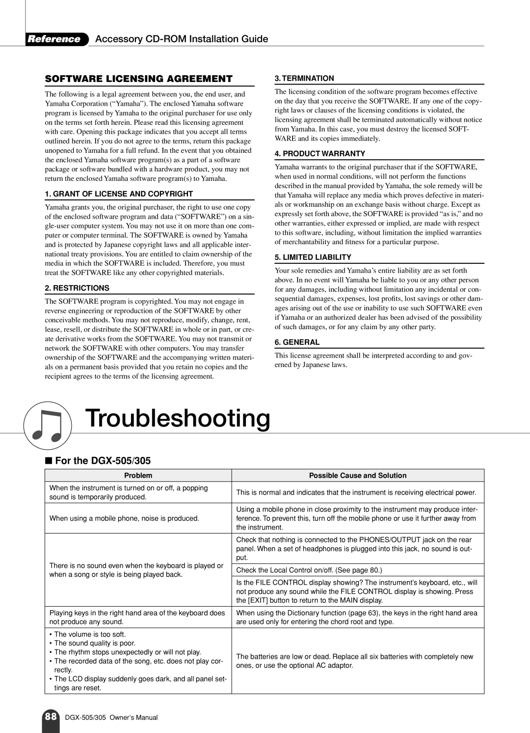 Yamaha Troubleshooting, Reference Accessory CD-ROM Installation Guide, For the DGX-505/305, Restrictions, Termination 