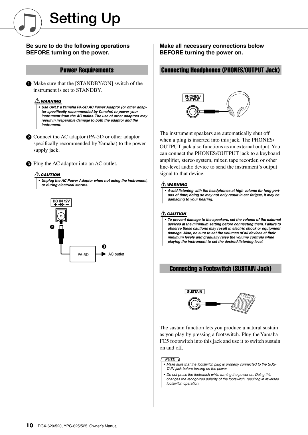 Yamaha DGX-620 owner manual Setting Up, Power Requirements 