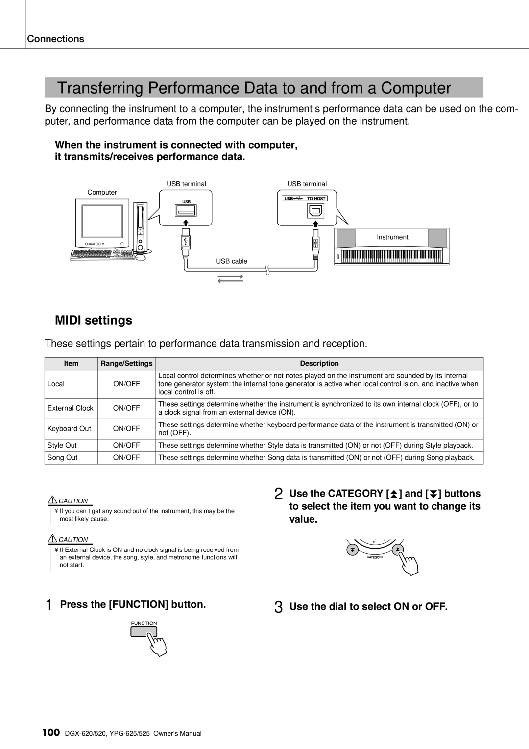 Yamaha DGX-620 owner manual Transferring Performance Data to and from a Computer, Range/Settings Description 