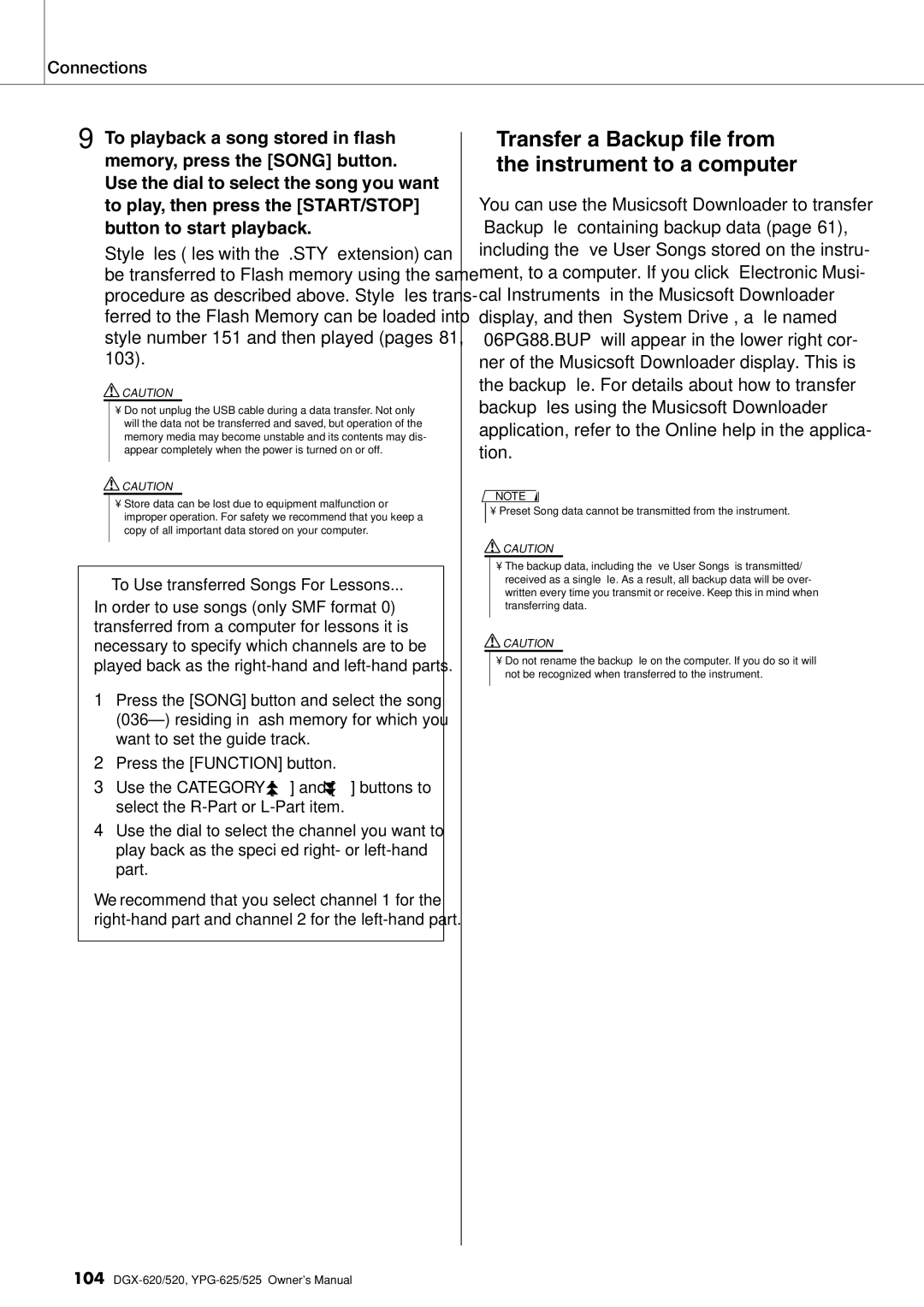 Yamaha DGX-620 owner manual Transfer a Backup ﬁle from Instrument to a computer, To Use transferred Songs For Lessons 