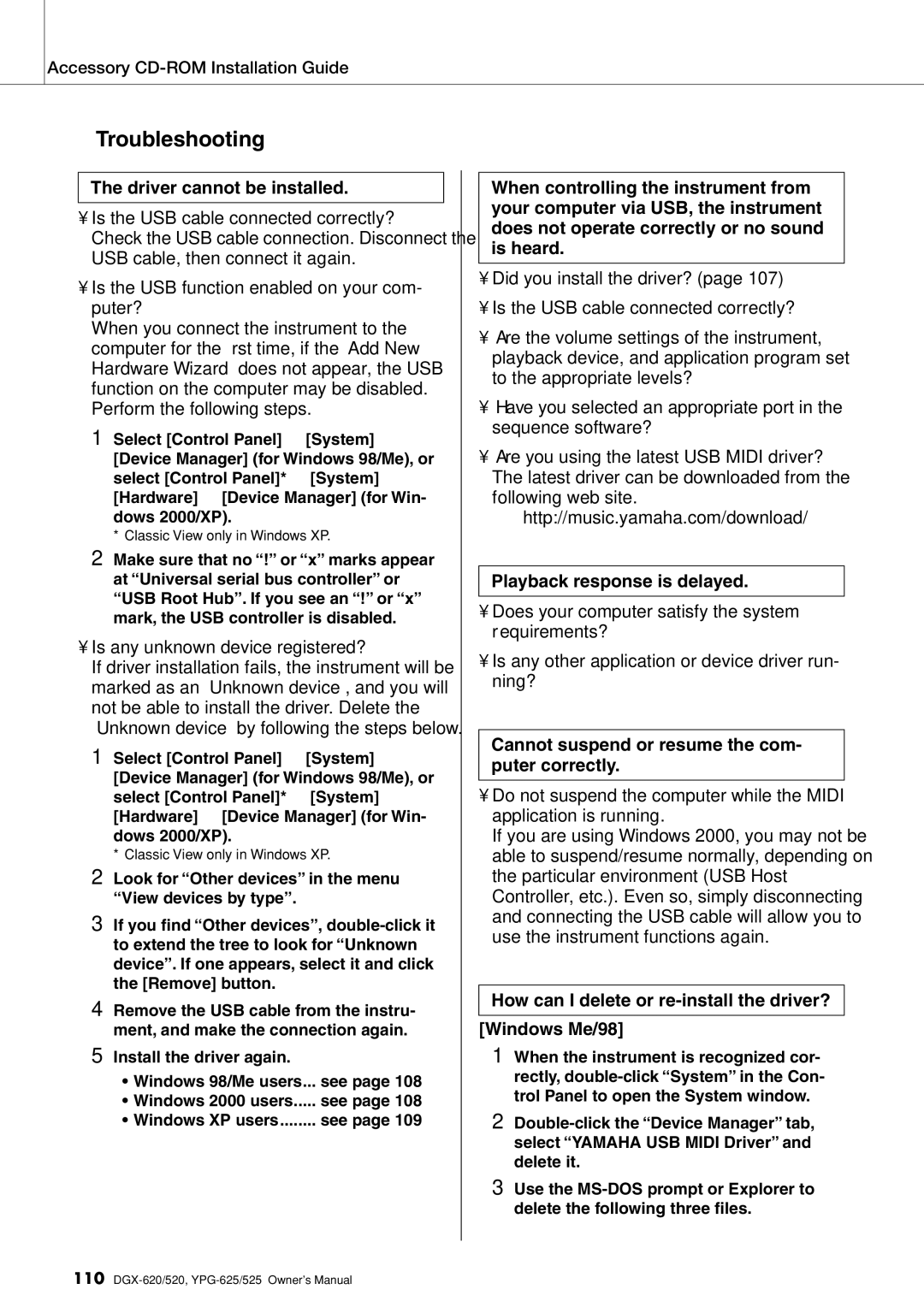 Yamaha DGX-620 owner manual Playback response is delayed, Cannot suspend or resume the com- puter correctly 