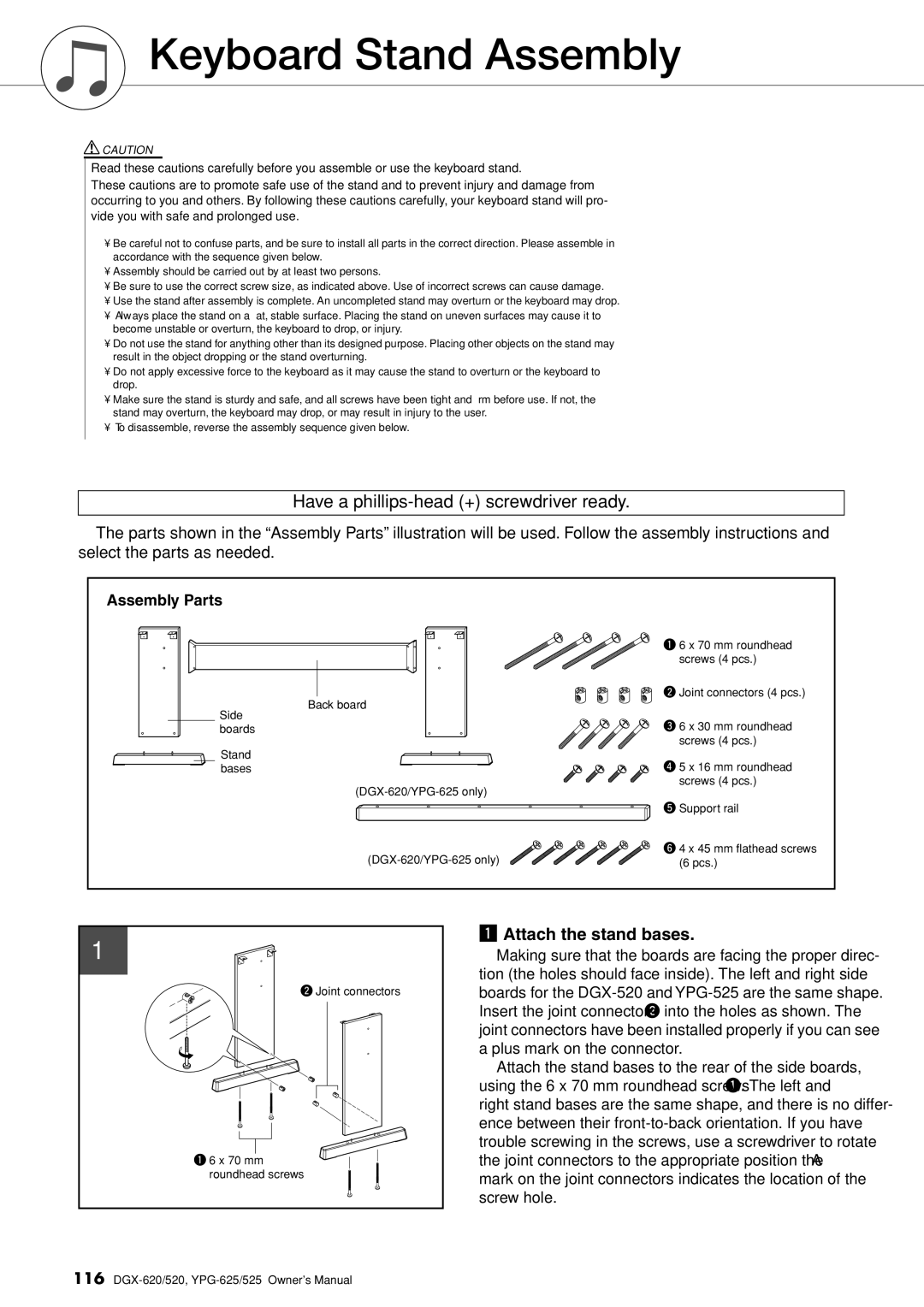 Yamaha DGX-620 owner manual Keyboard Stand Assembly, Attach the stand bases 