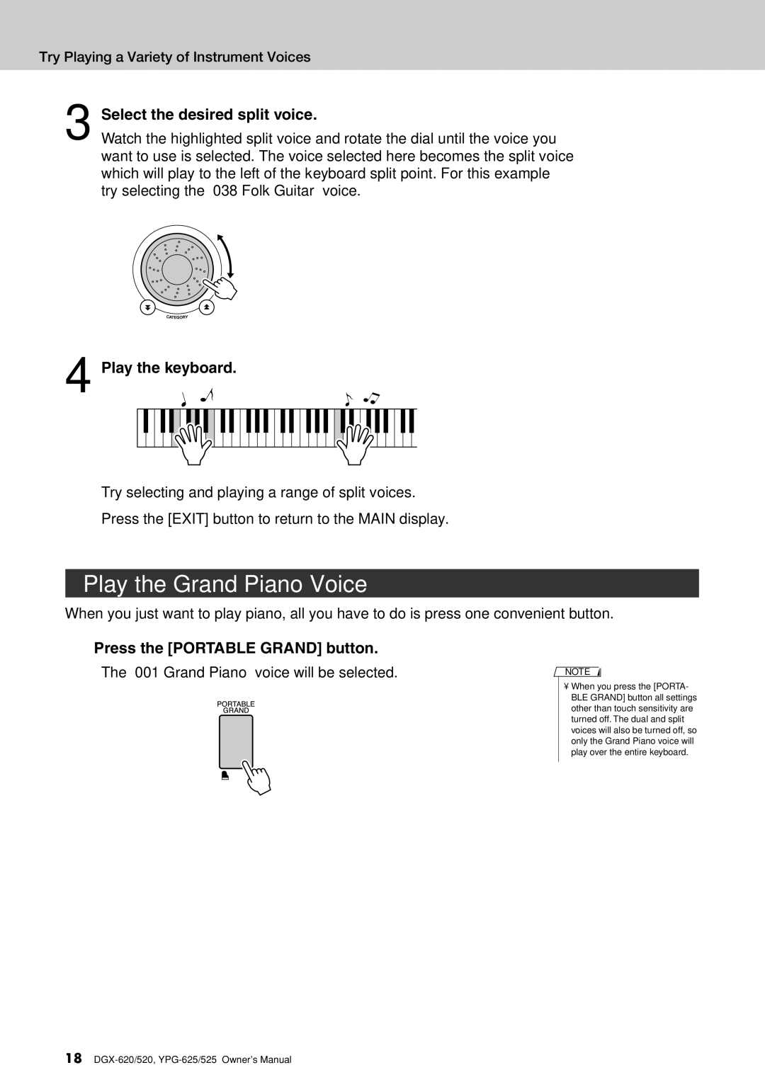 Yamaha DGX-620 owner manual Play the Grand Piano Voice, Select the desired split voice, Press the Portable Grand button 