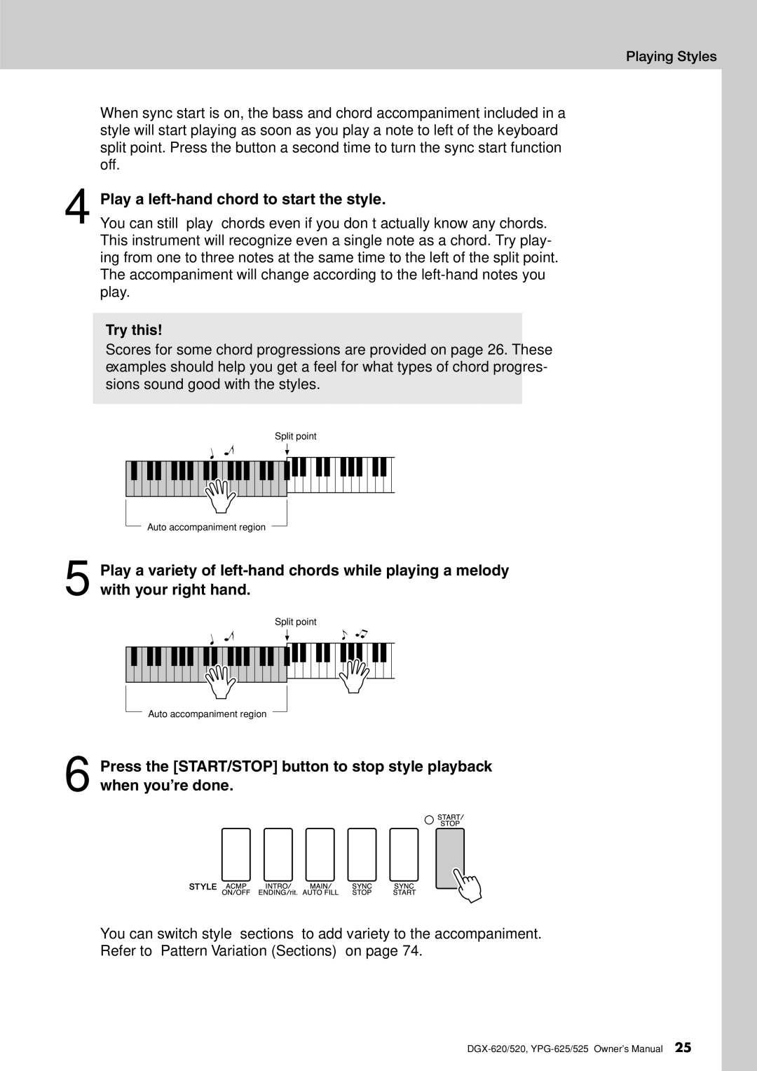 Yamaha DGX-620 owner manual Play a left-hand chord to start the style, Try this 