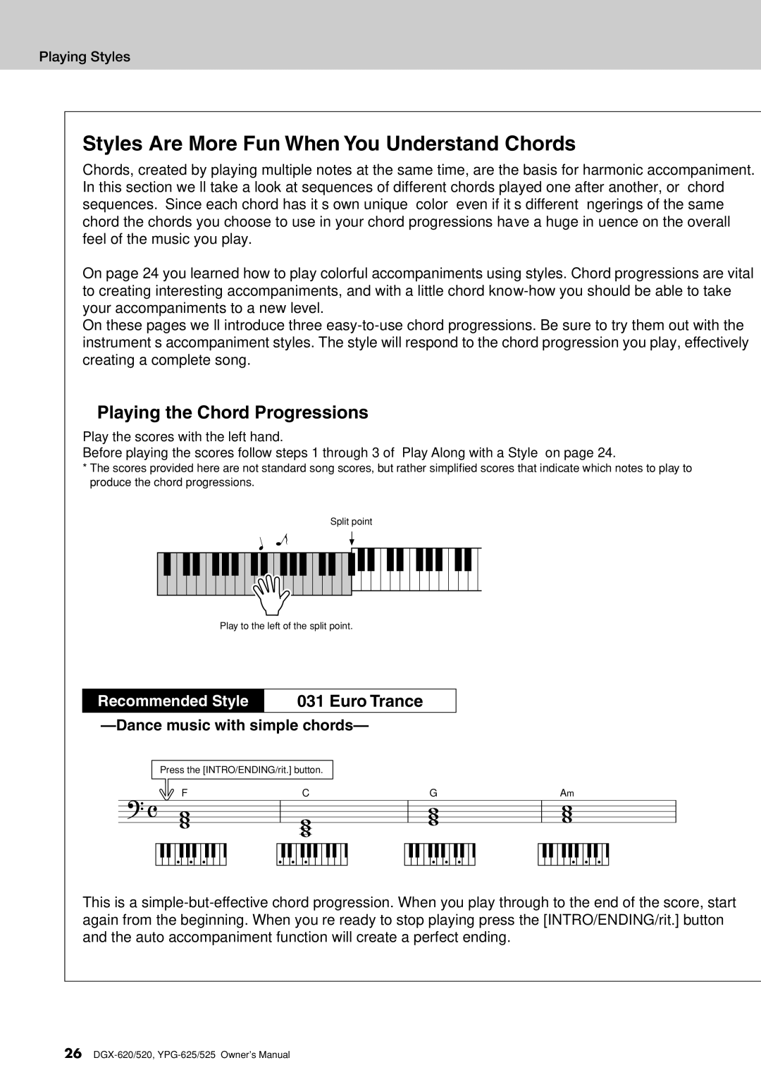 Yamaha DGX-620 owner manual Styles Are More Fun When You Understand Chords, Dance music with simple chords 