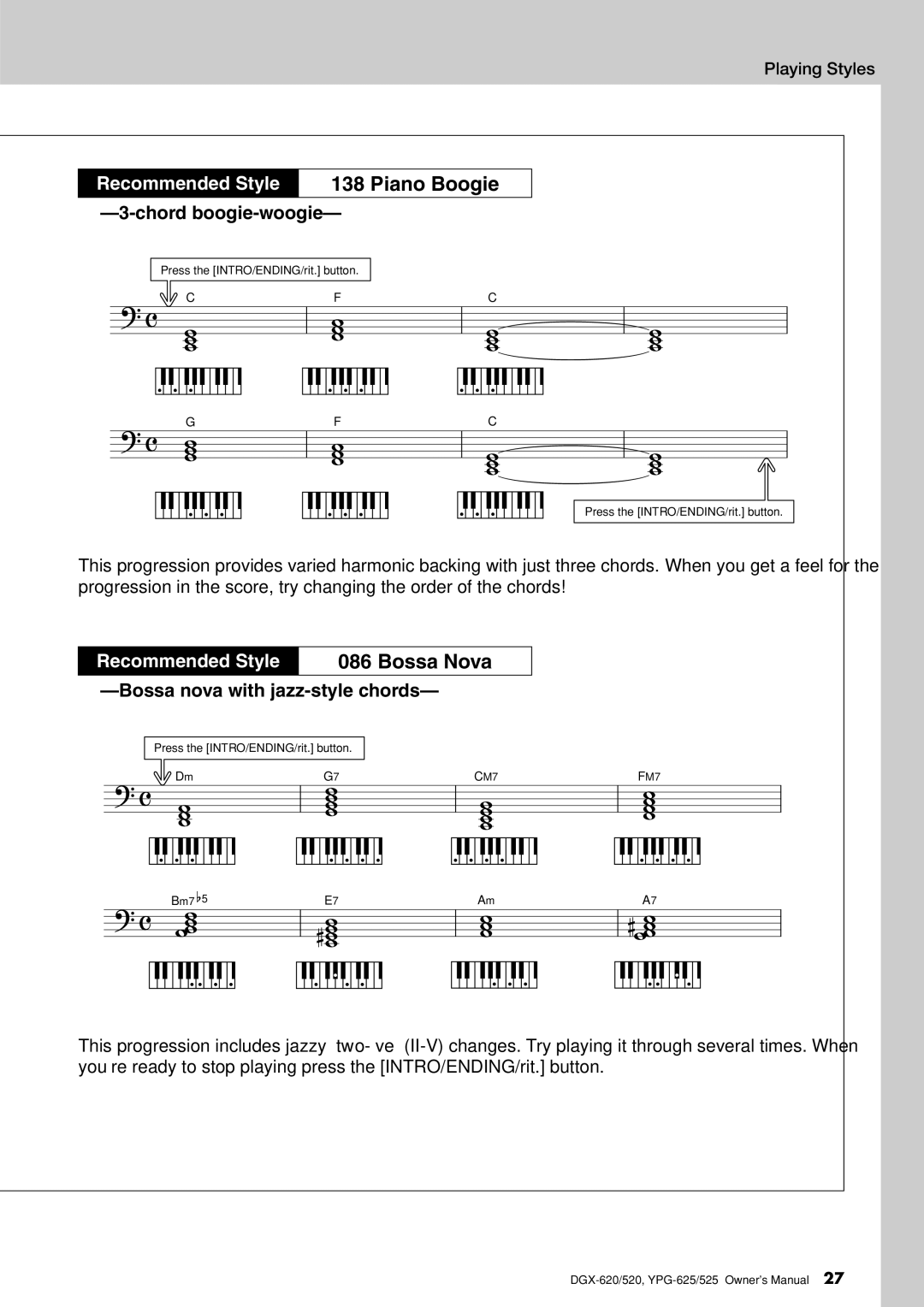 Yamaha DGX-620 owner manual Chord boogie-woogie, Bossa nova with jazz-style chords 