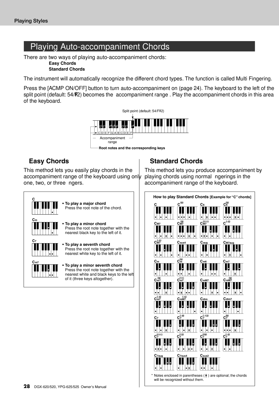 Yamaha DGX-620 owner manual Playing Auto-accompaniment Chords, To play a major chord, To play a minor chord 