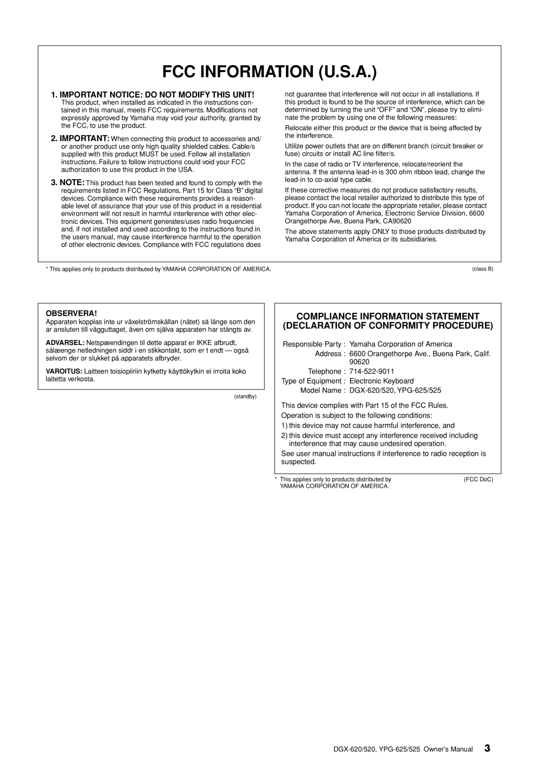 Yamaha DGX-620 owner manual FCC Information U.S.A 