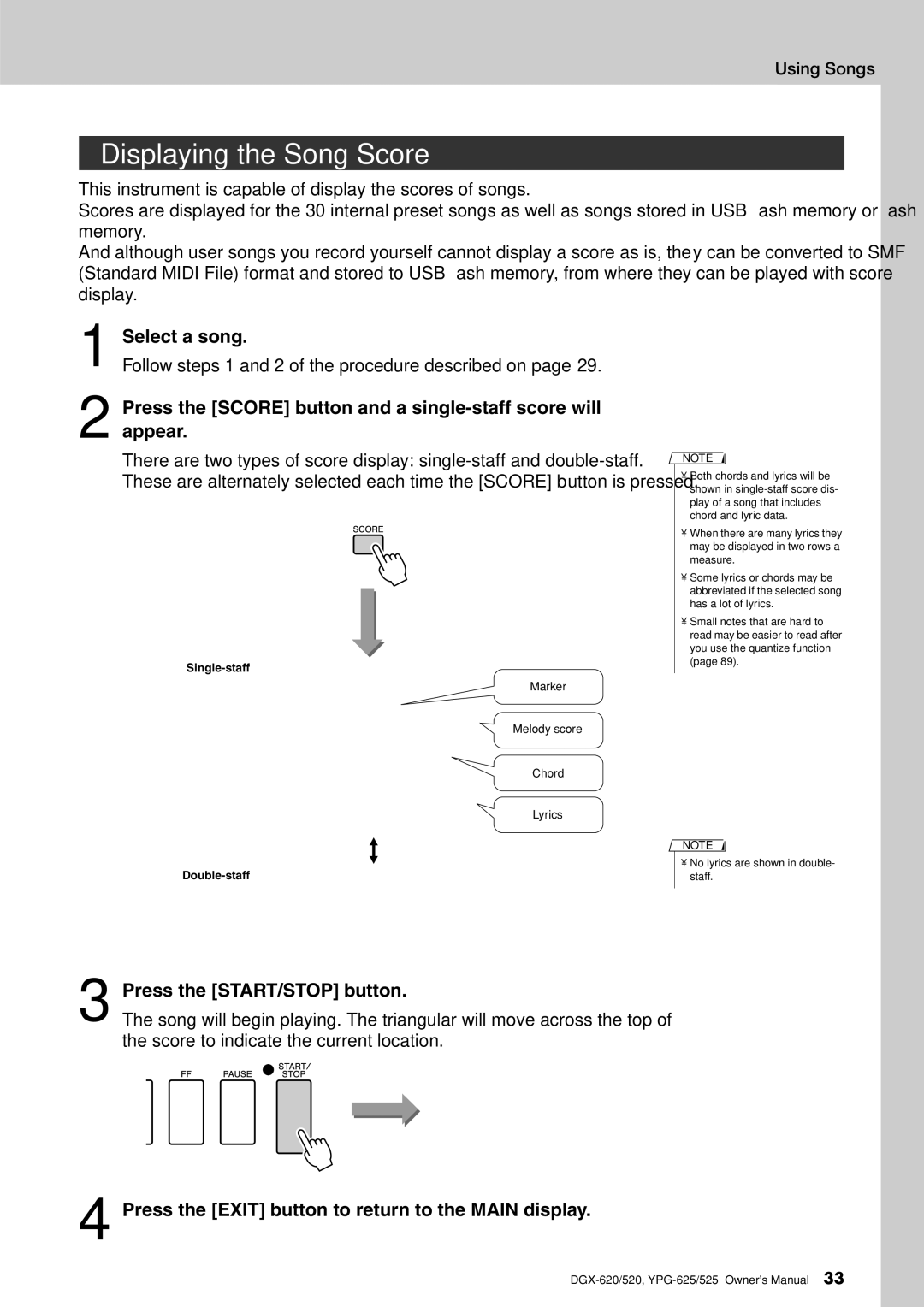 Yamaha DGX-620 owner manual Displaying the Song Score, Press the Score button and a single-staff score will appear 